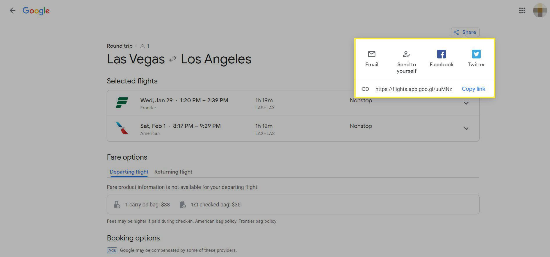Snímek obrazovky Google Flights se zvýrazněnými možnostmi sdílení