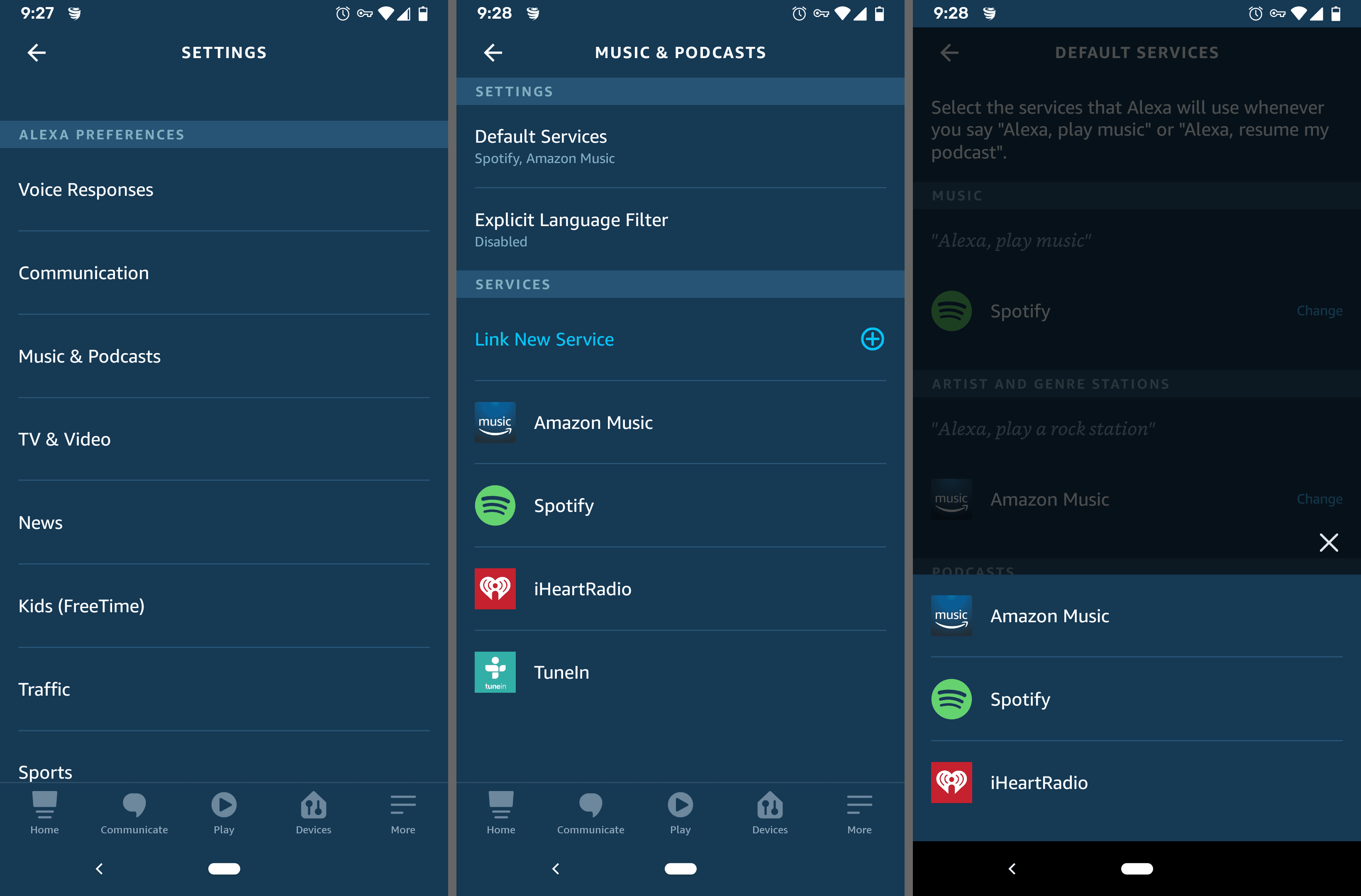 Screenshoty výchozího nastavení aplikace Alexa pro Android