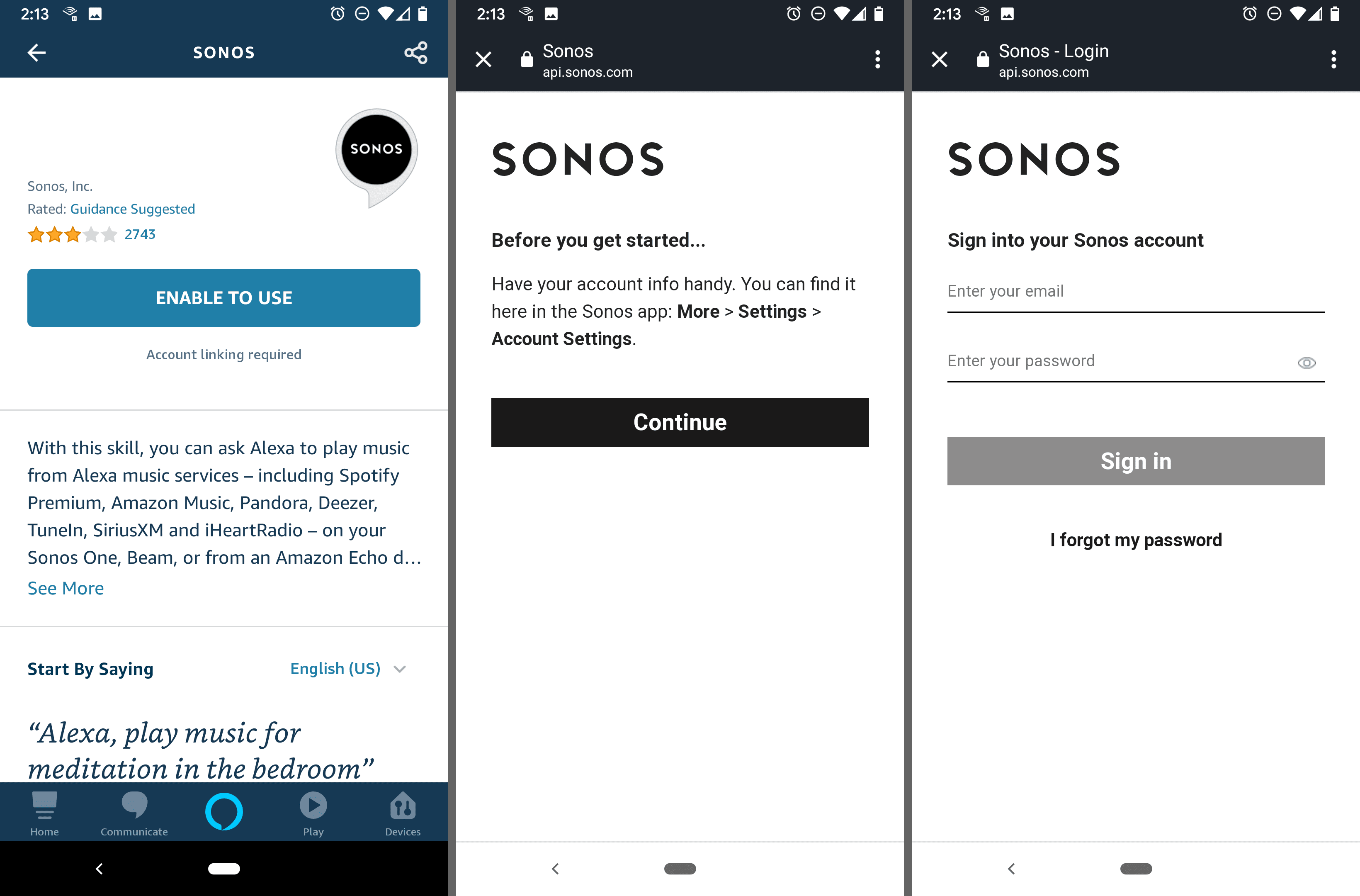 Alexa aplikace pro Android Sonos obrazovky