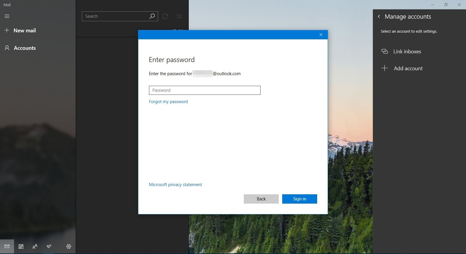 Výzva k zadání hesla pro nastavení e-mailu v programu Windows Mail.