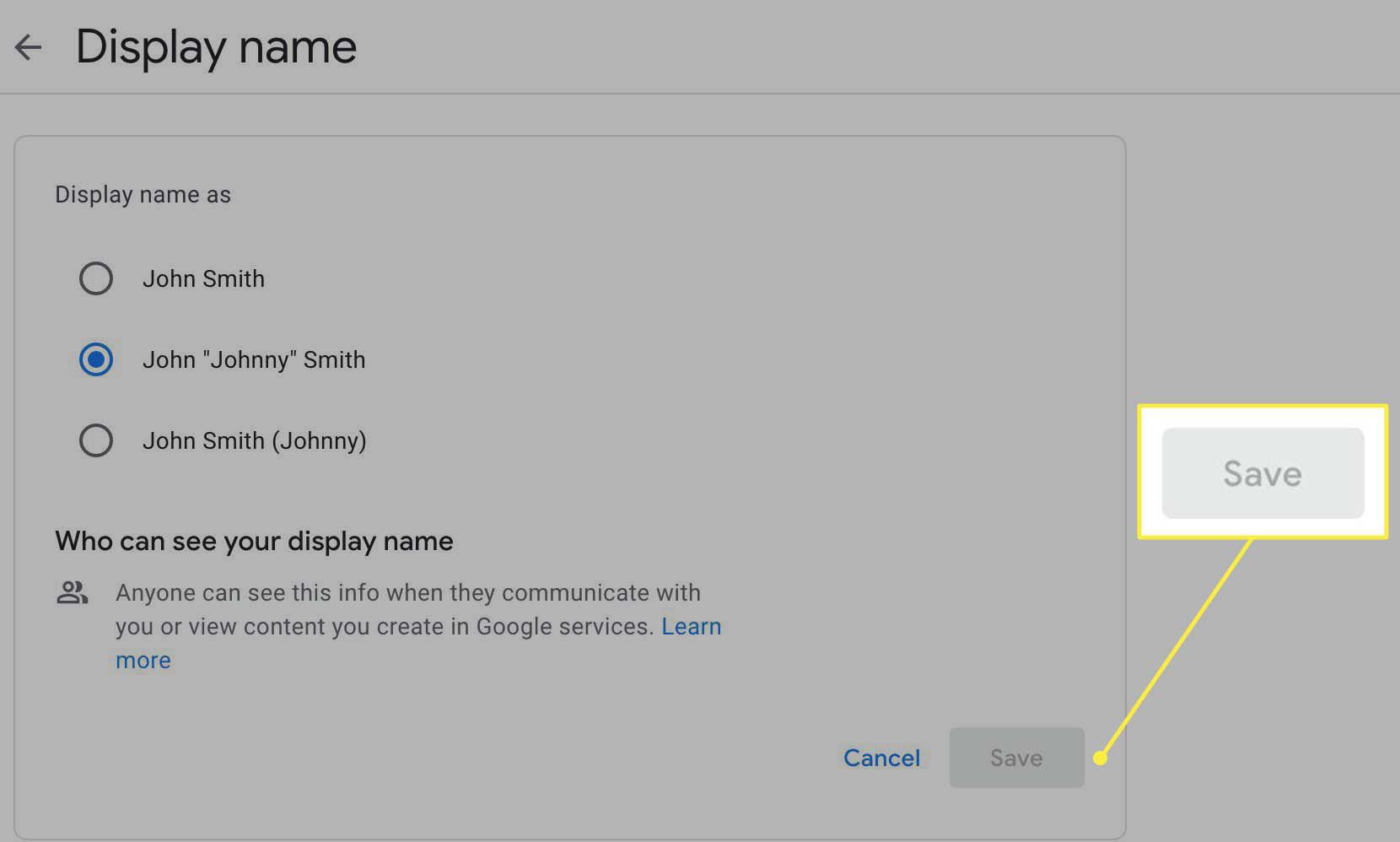 Ukládání zobrazovaného jména v nastavení účtu Google.