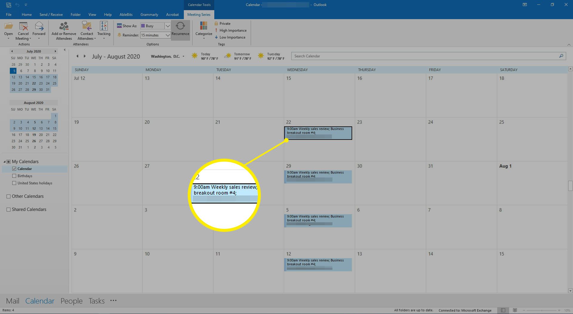 Výběr schůzky v kalendáři aplikace Outlook.