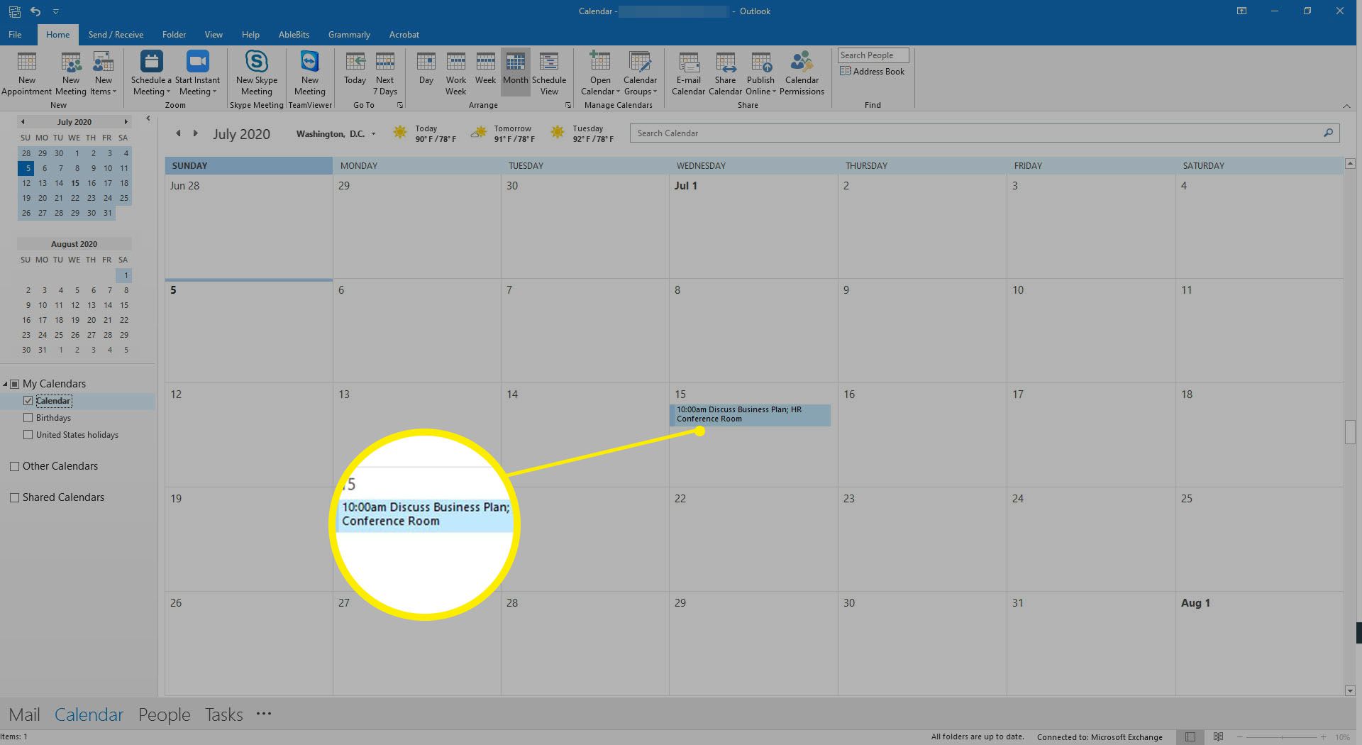 Kalendář aplikace Outlook zobrazující naplánované schůzky.