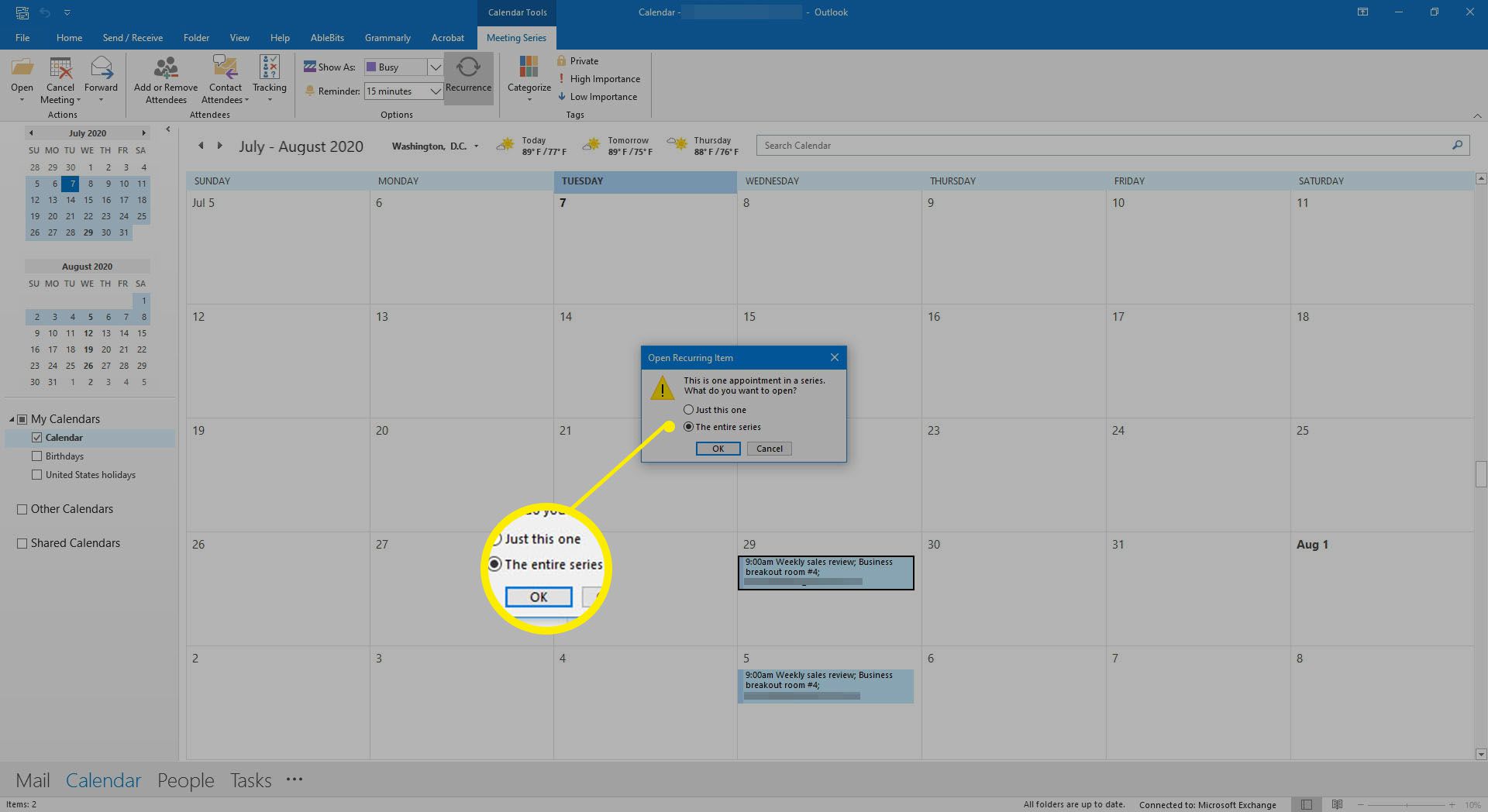 Výběrem otevřete sérii schůzek v kalendáři v Outlooku.