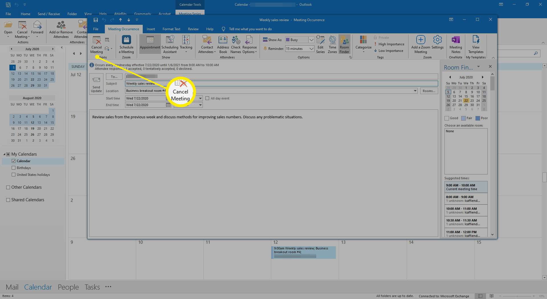Kalendář aplikace Outlook zobrazující řadu opakujících se schůzek.