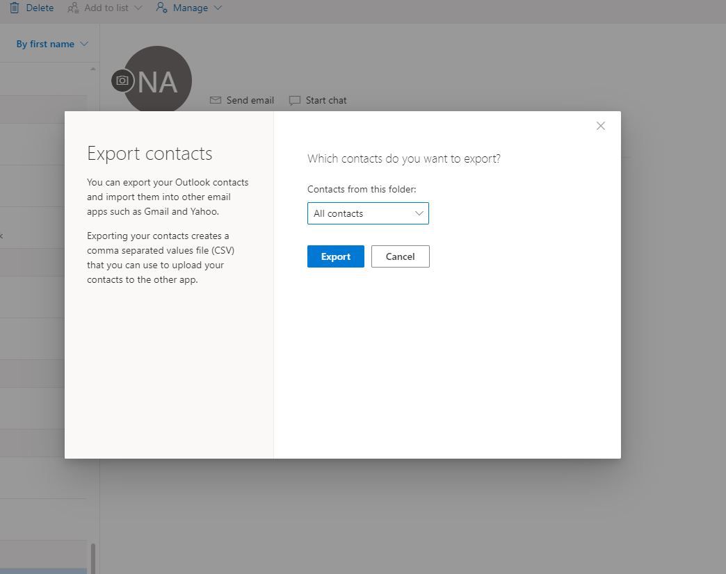 Okno Export kontaktů na Outlook.com