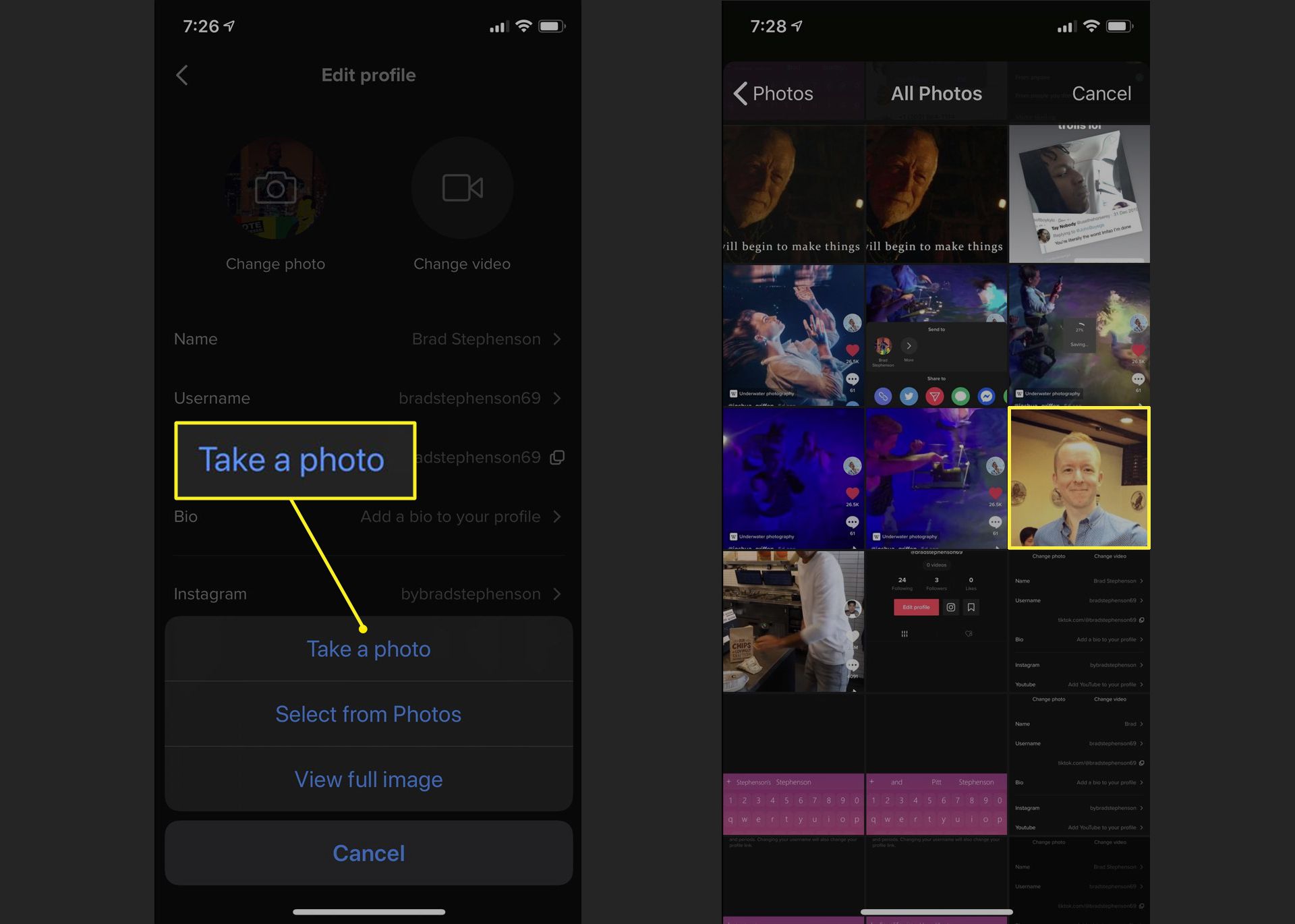 Aplikace TikTok pro iPhone zobrazující obrazovku Upravit profil