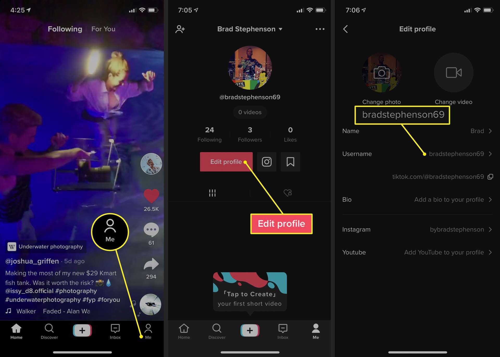 Aplikace TikTok pro iPhone s otevřenou obrazovkou Upravit profil