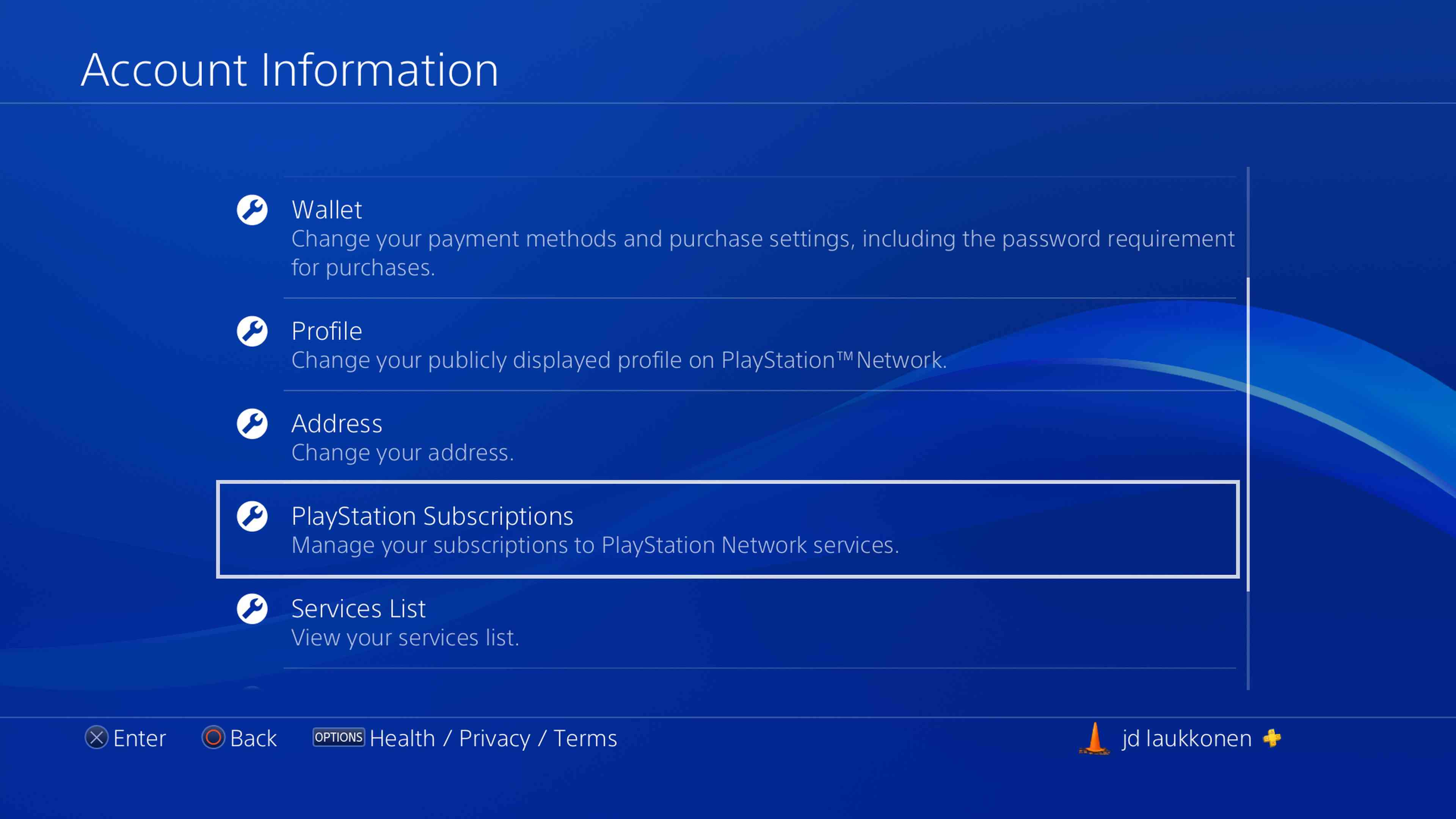Snímek obrazovky s informacemi o účtu PS4.