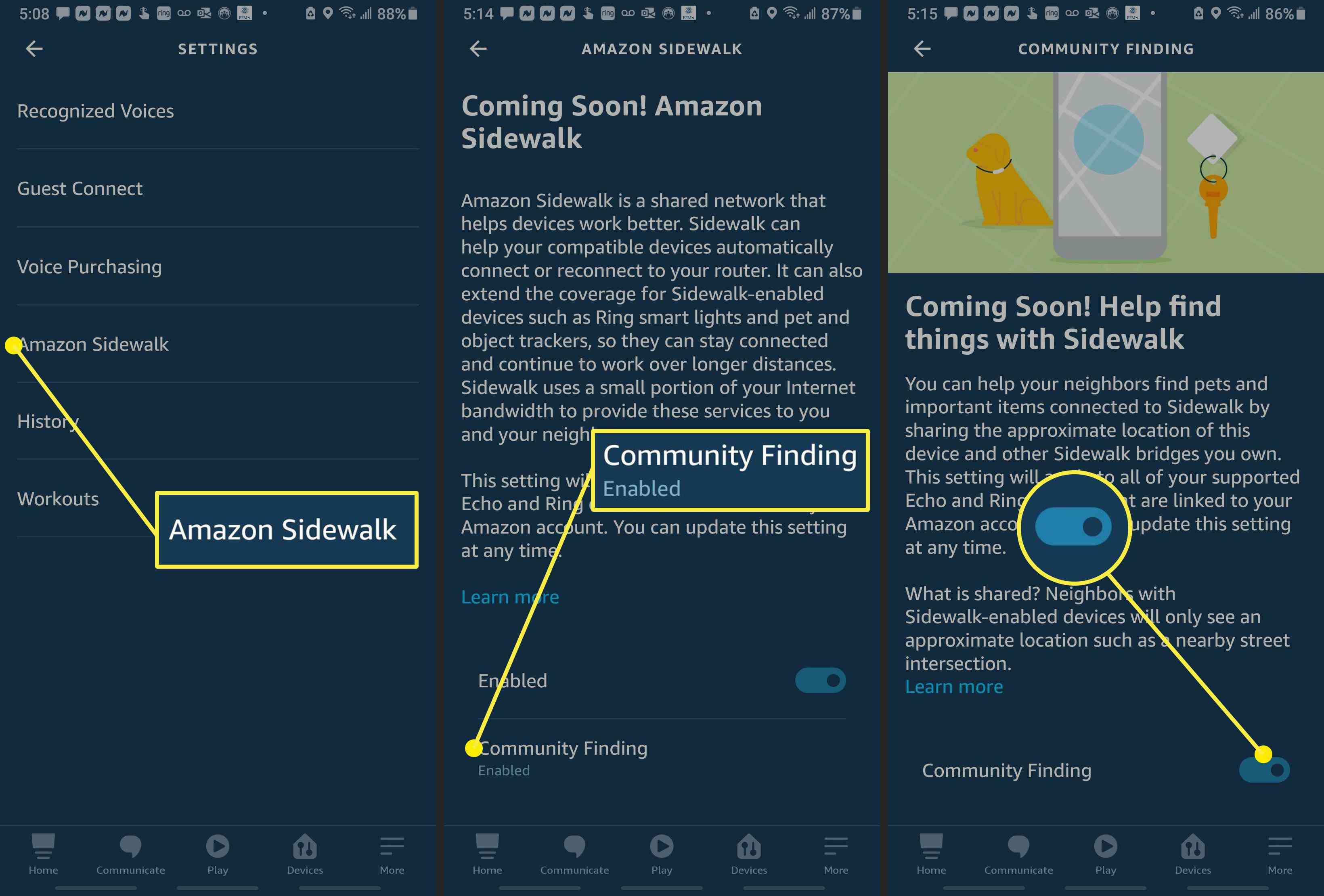 Screenshoty z aplikace Alexa ukazující, jak zakázat hledání komunity.