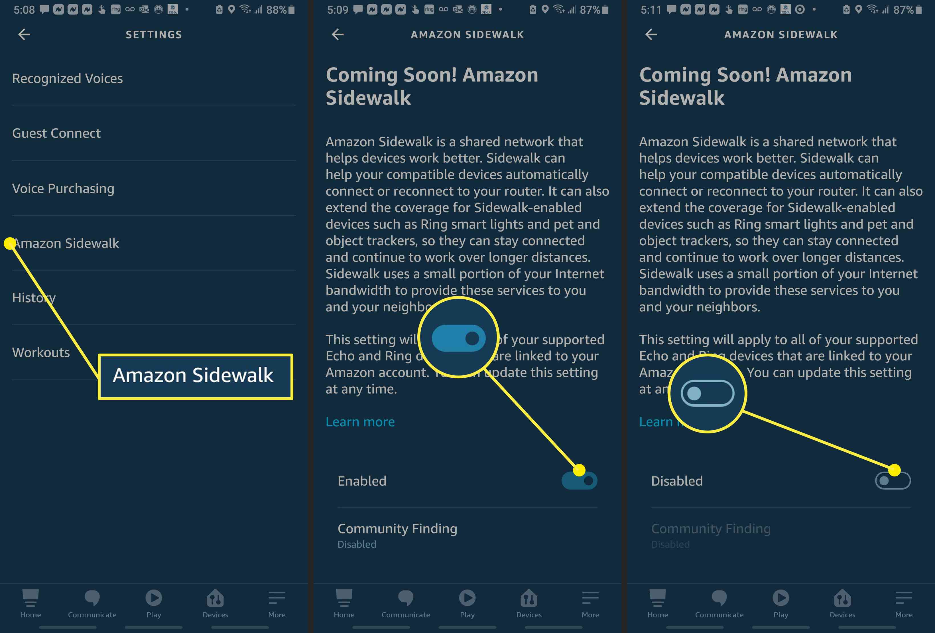 Screenshoty aplikace Amazon Alexa ukazující, jak zakázat Amazon Sidewalk. 
