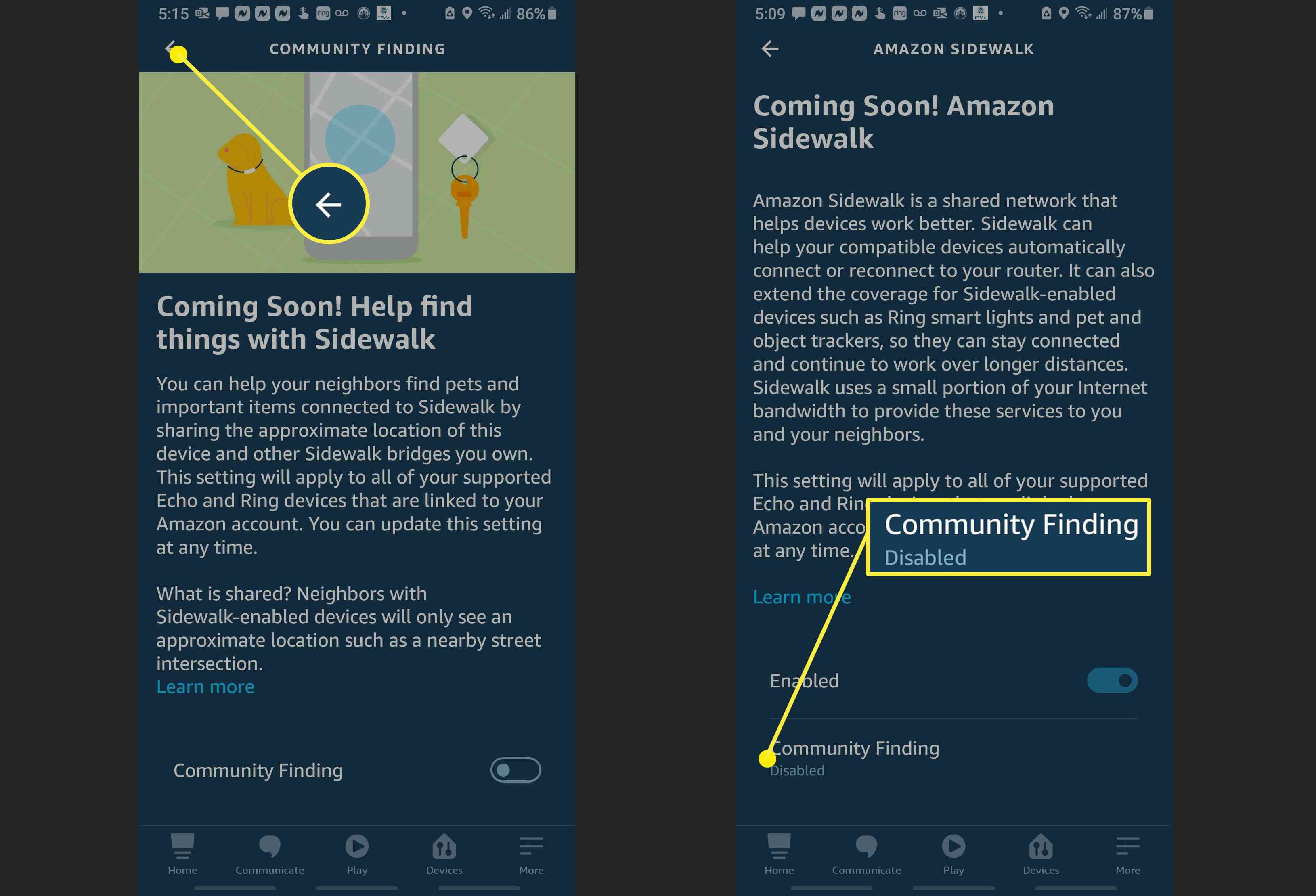 Screenshoty ukazující, jak potvrdit, že je v aplikaci Alexa zakázáno hledání komunity.