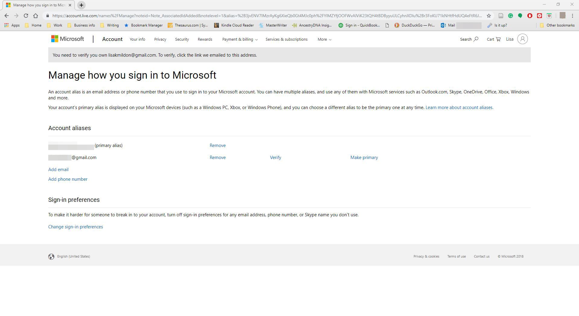 Web účtu Microsoft zobrazující nově přidaný alias screenshot