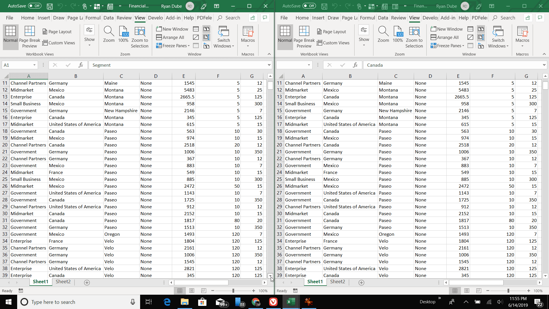 Screenshot z pohledu bok po boku v aplikaci Excel