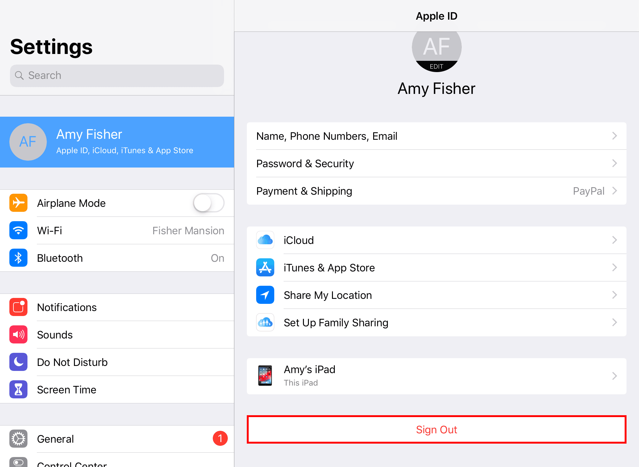 Screenshot ukazující, jak se odhlásit z účtu Apple na iPadu