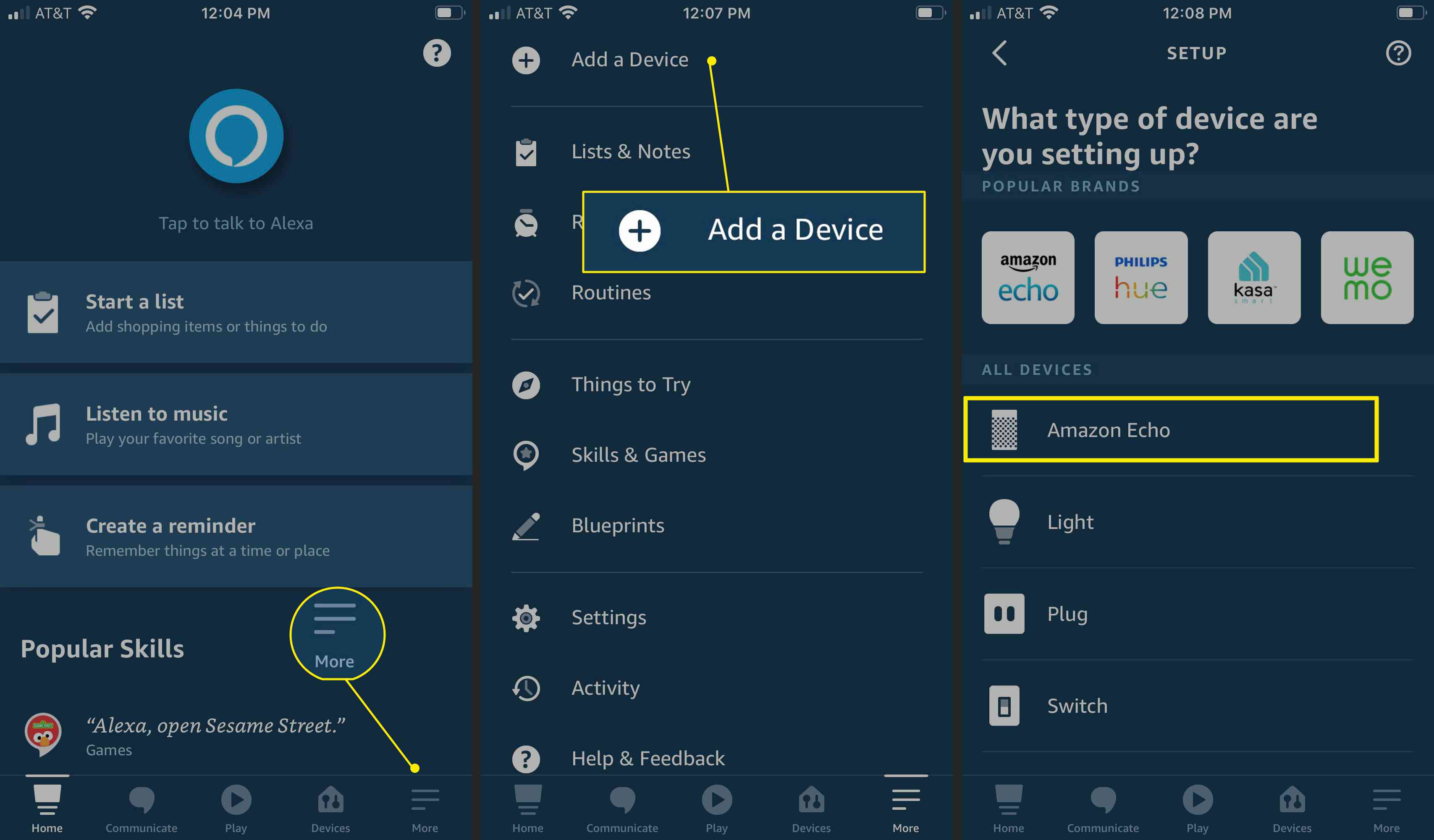 Kroky aplikace Alexa k přidání zařízení se zvýrazněnými položkami Více, Přidat zařízení a Amazon Echo