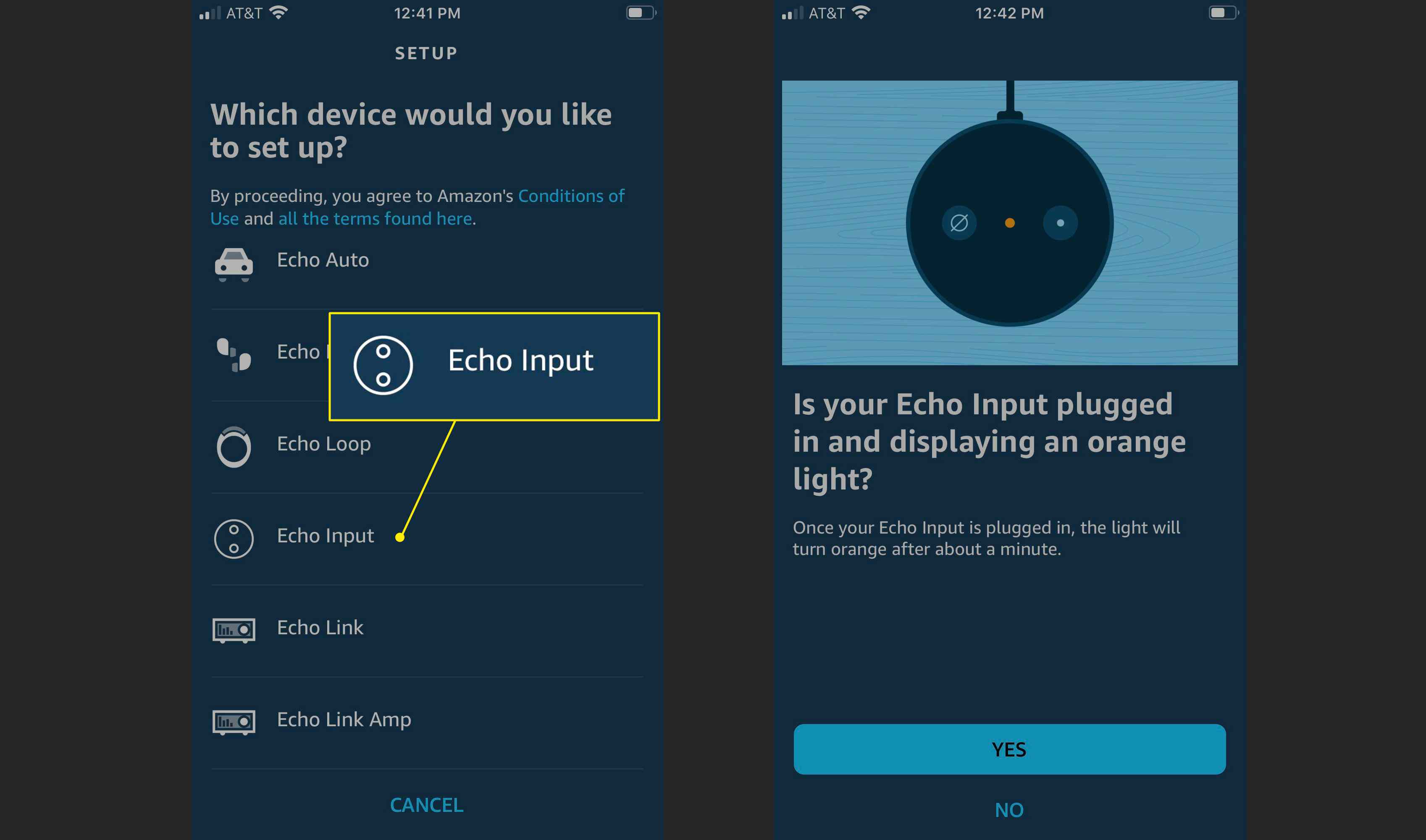 Aplikace Alexa se zvýrazněným Echo Input