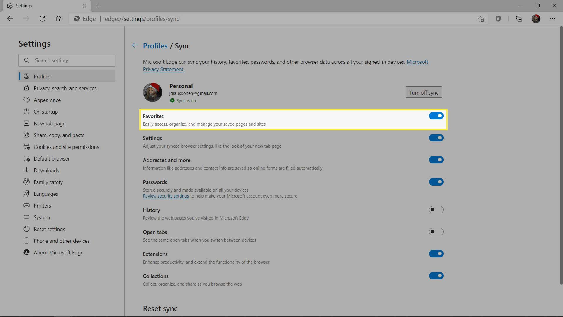 Oblíbené položky zvýrazněné v sekci Sync v Nastavení na MS Edge.