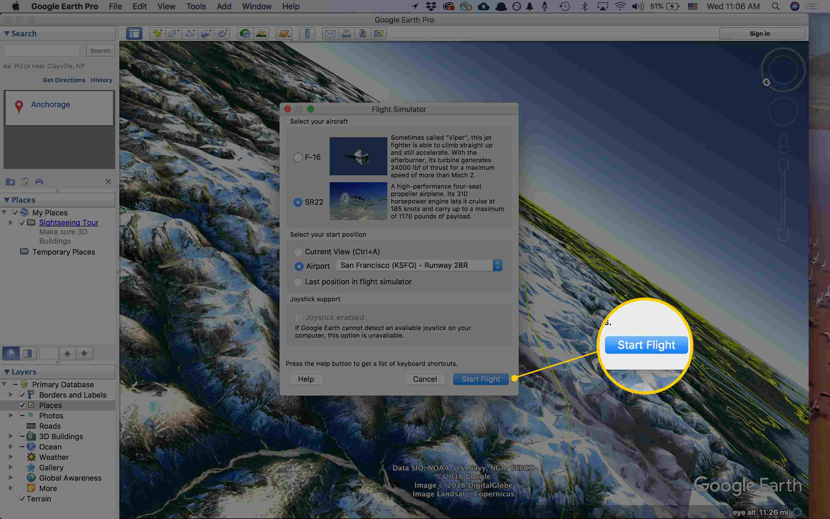 Screenshot tlačítka Spustit let aplikace Google Earth Pro (Mac)