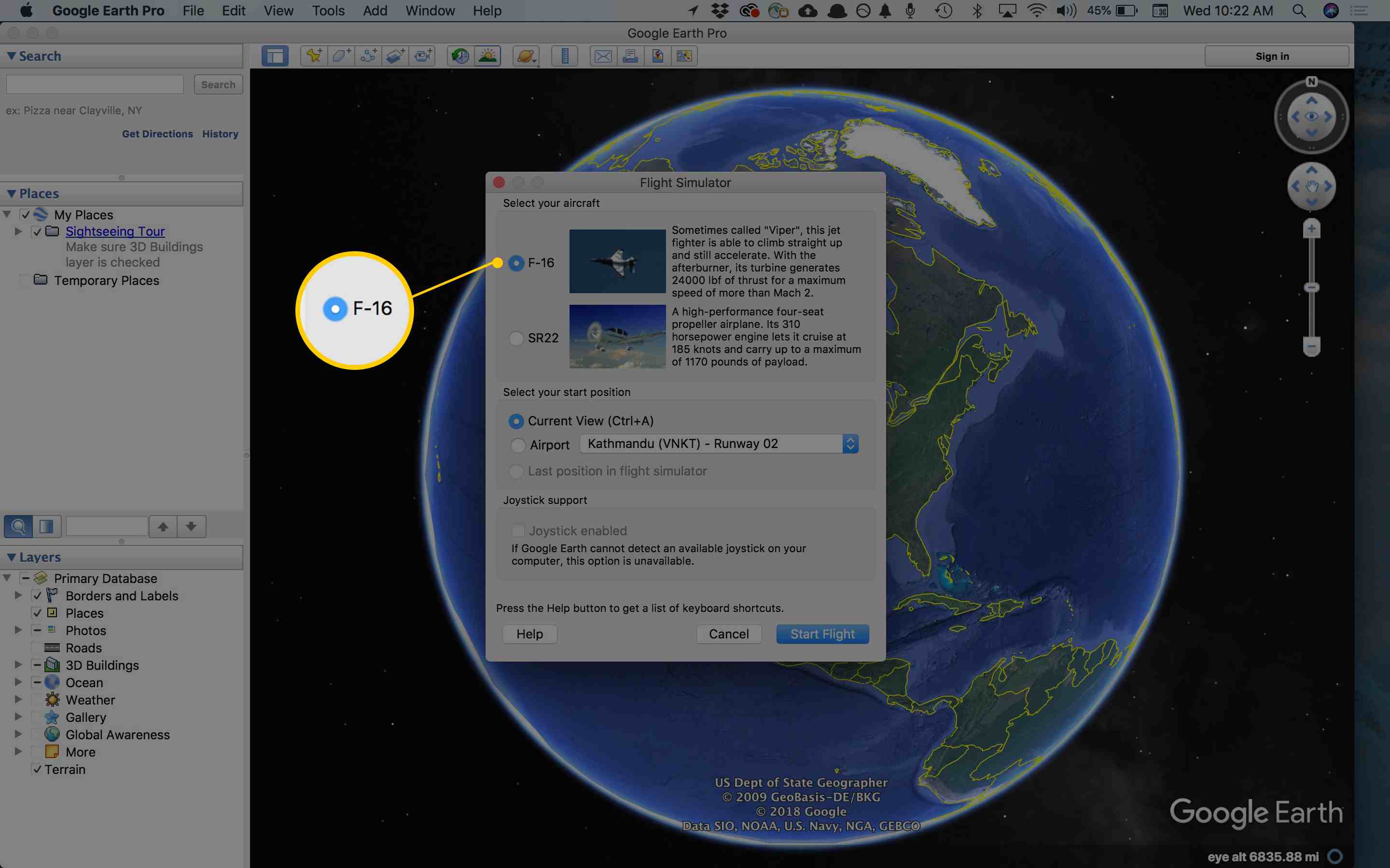 Screenshot z možností Letadlo v letovém simulátoru Google Earth (Mac)