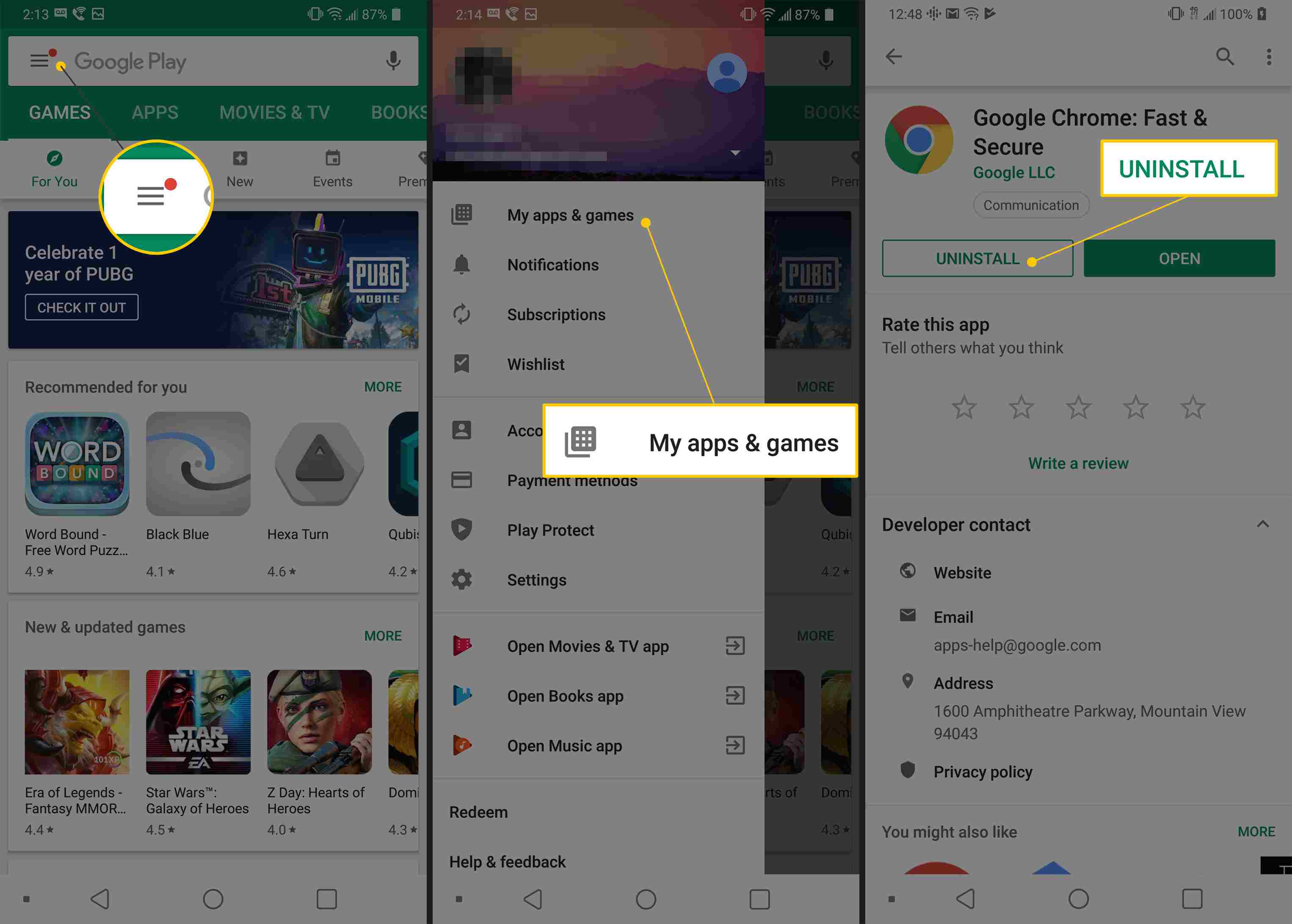 Menu, Moje aplikace a hry a Odinstalovat tlačítka na Google Play