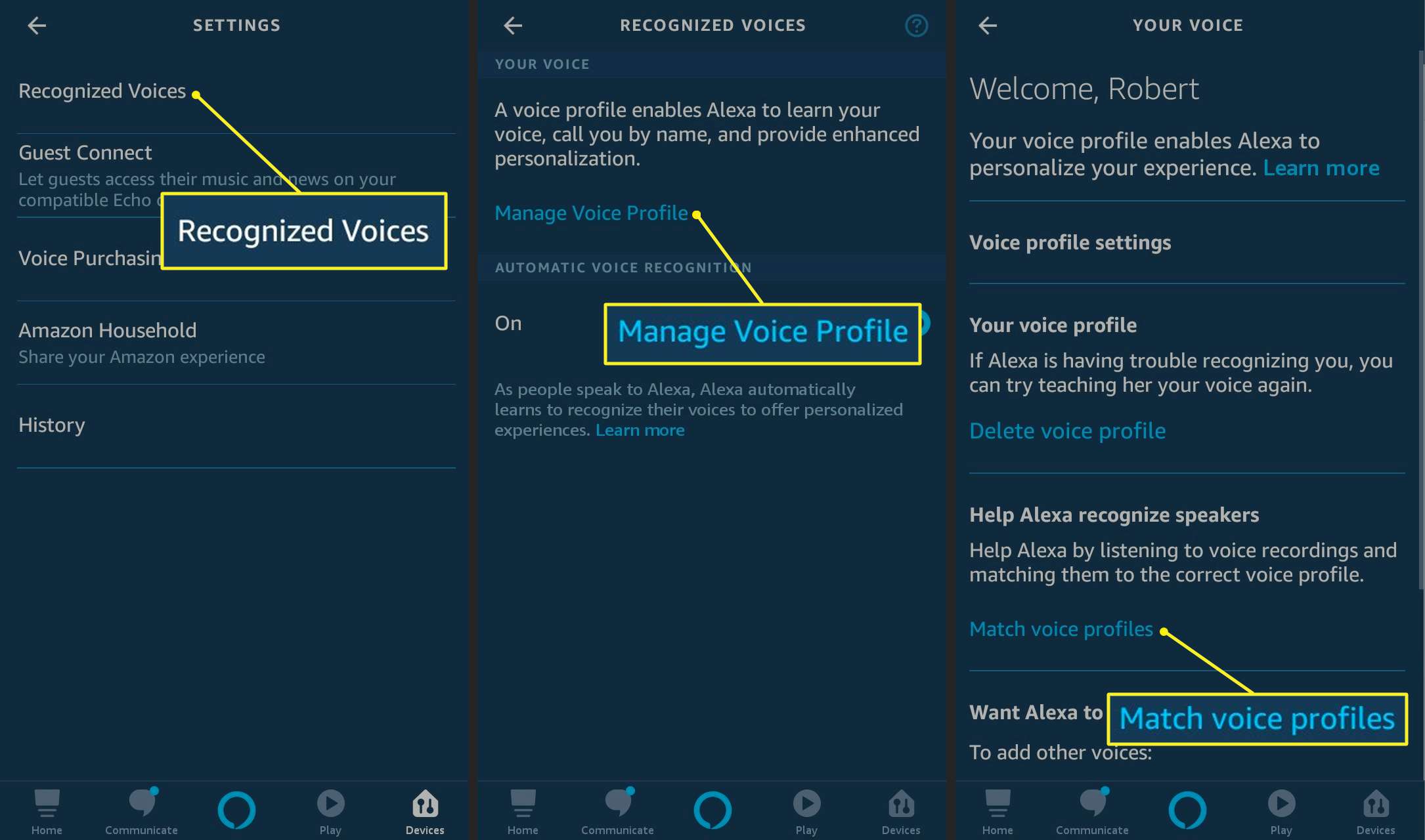 Odpovídající hlasové profily v aplikaci Alexa