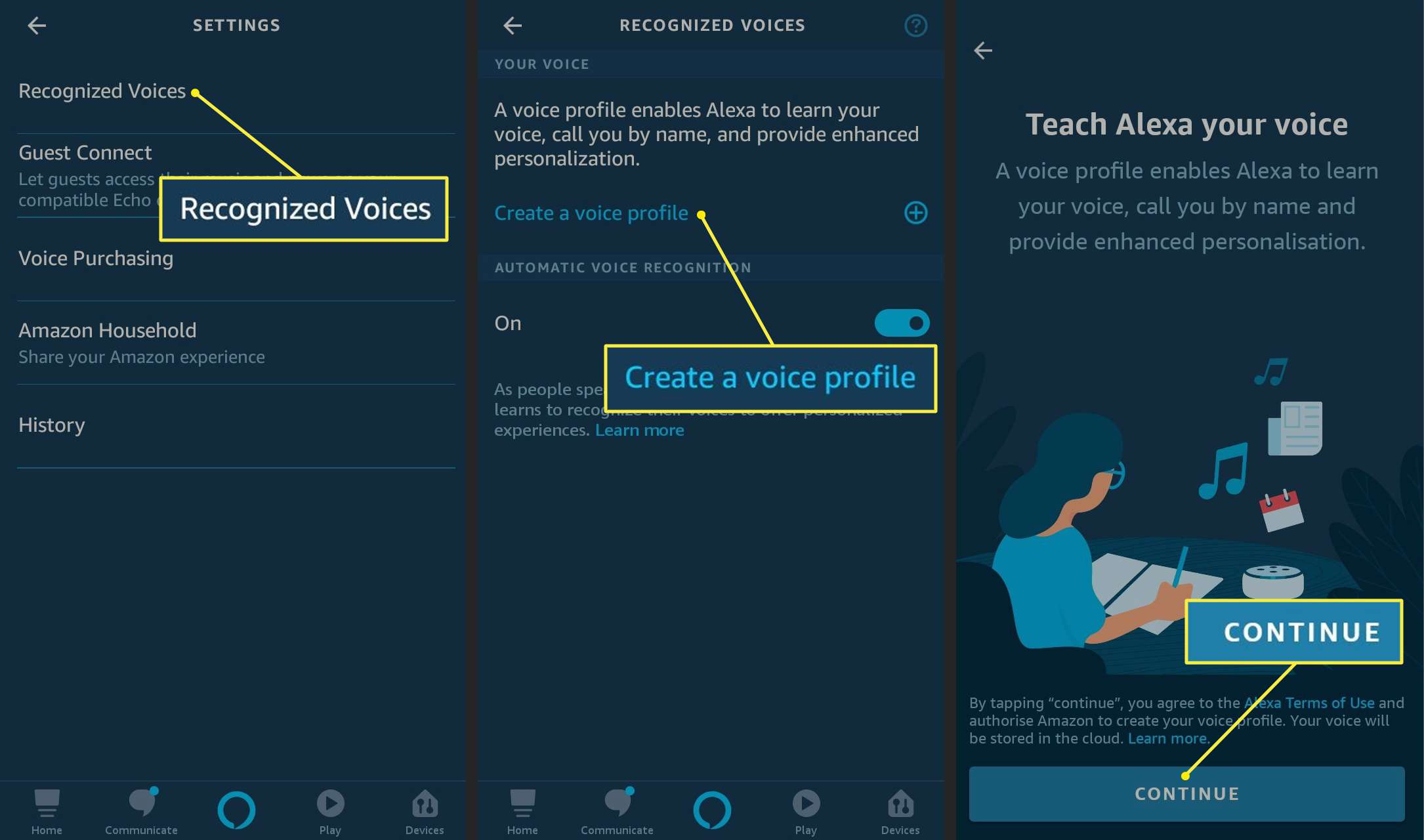 Aplikace Alexa zobrazující cestu k vytvoření hlasového profilu