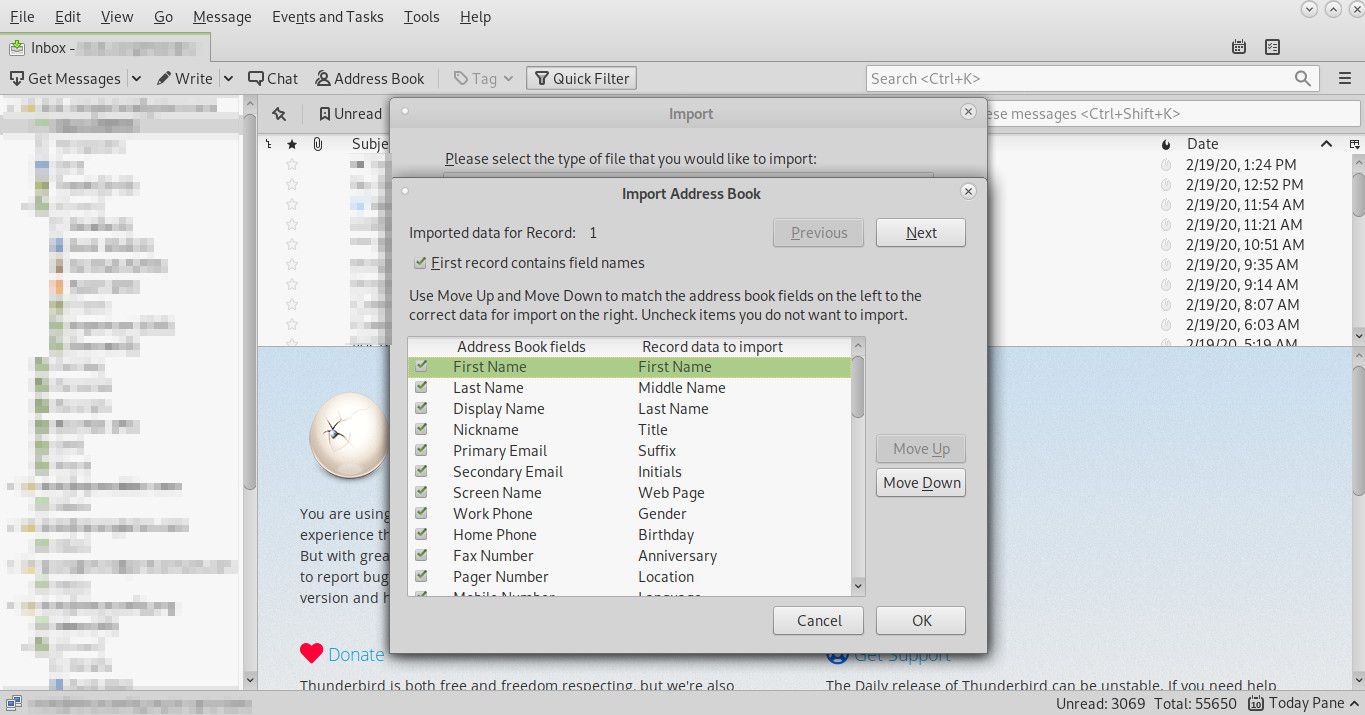 Thunderbird upravuje import polí kontaktů