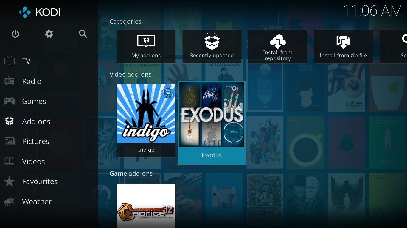 Spusťte Exodus z domovské nabídky Kodi.