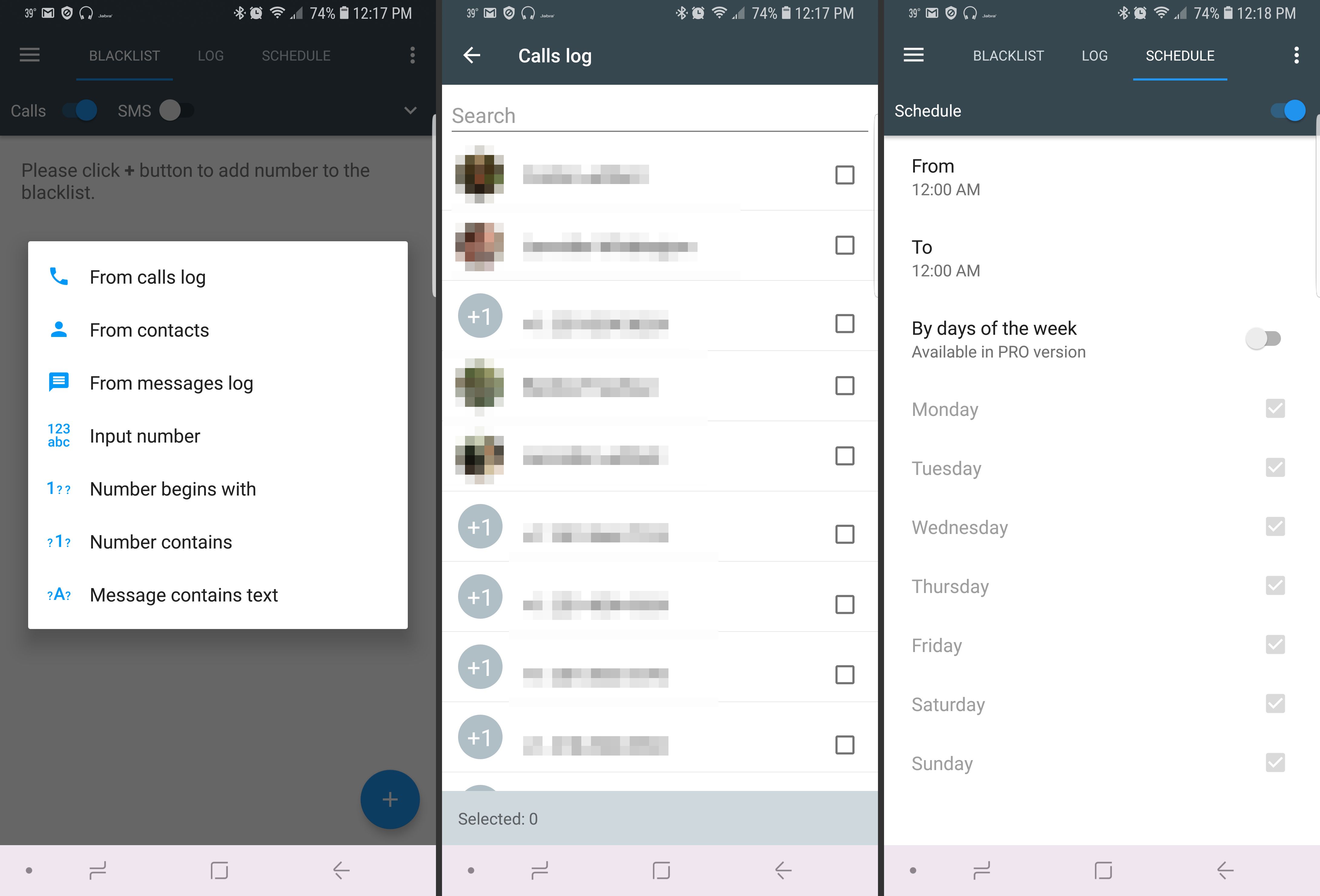 Tři obrazovky Android z aplikace Blacklist aplikace Hovory zobrazující aplikaci blokování hovorů v práci