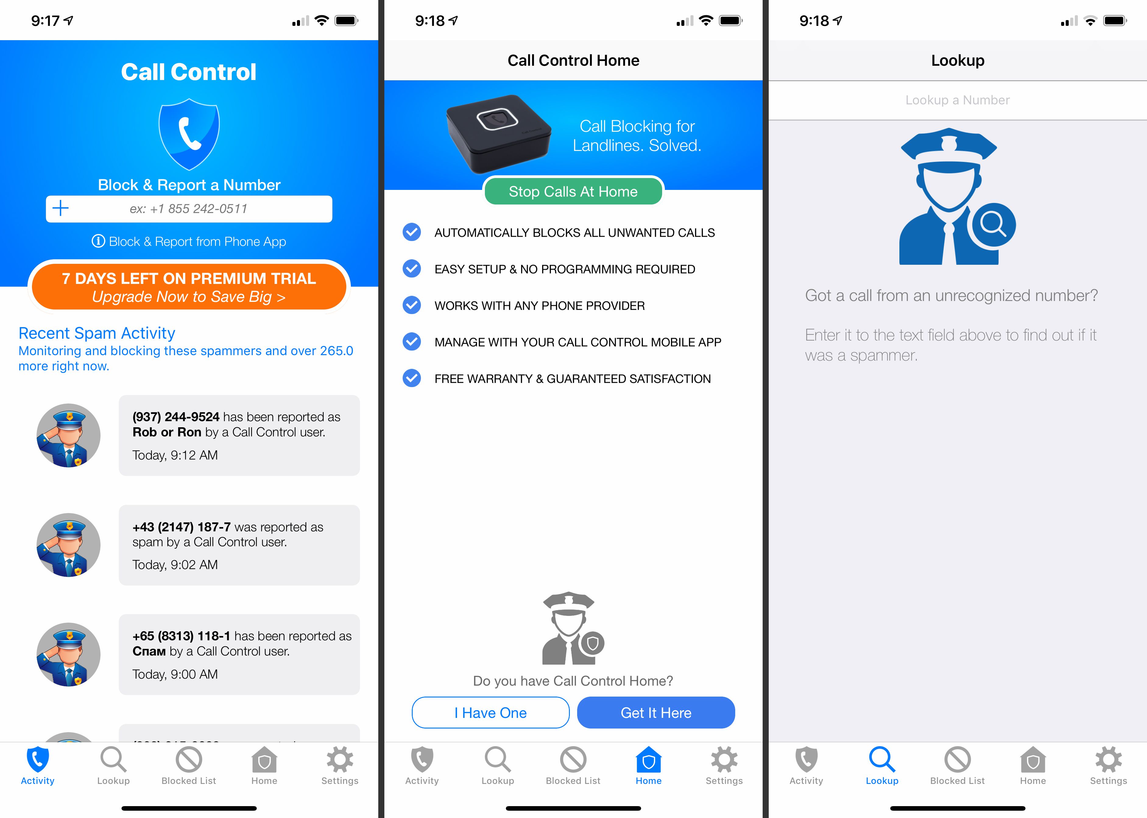 Tři obrazovky iOS z aplikace Call Control zobrazující aplikaci blokování hovorů při práci