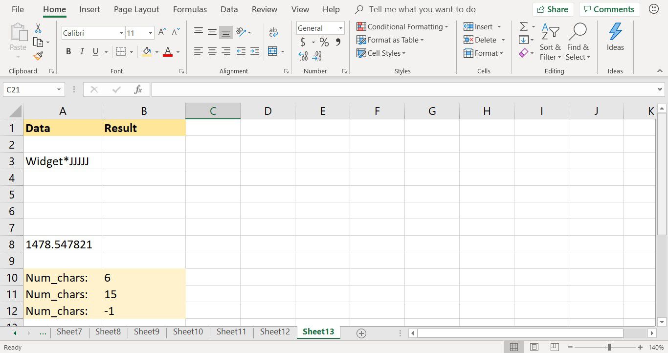 Screenshot ukázkových dat použitých pro výukový program Excel LEFT