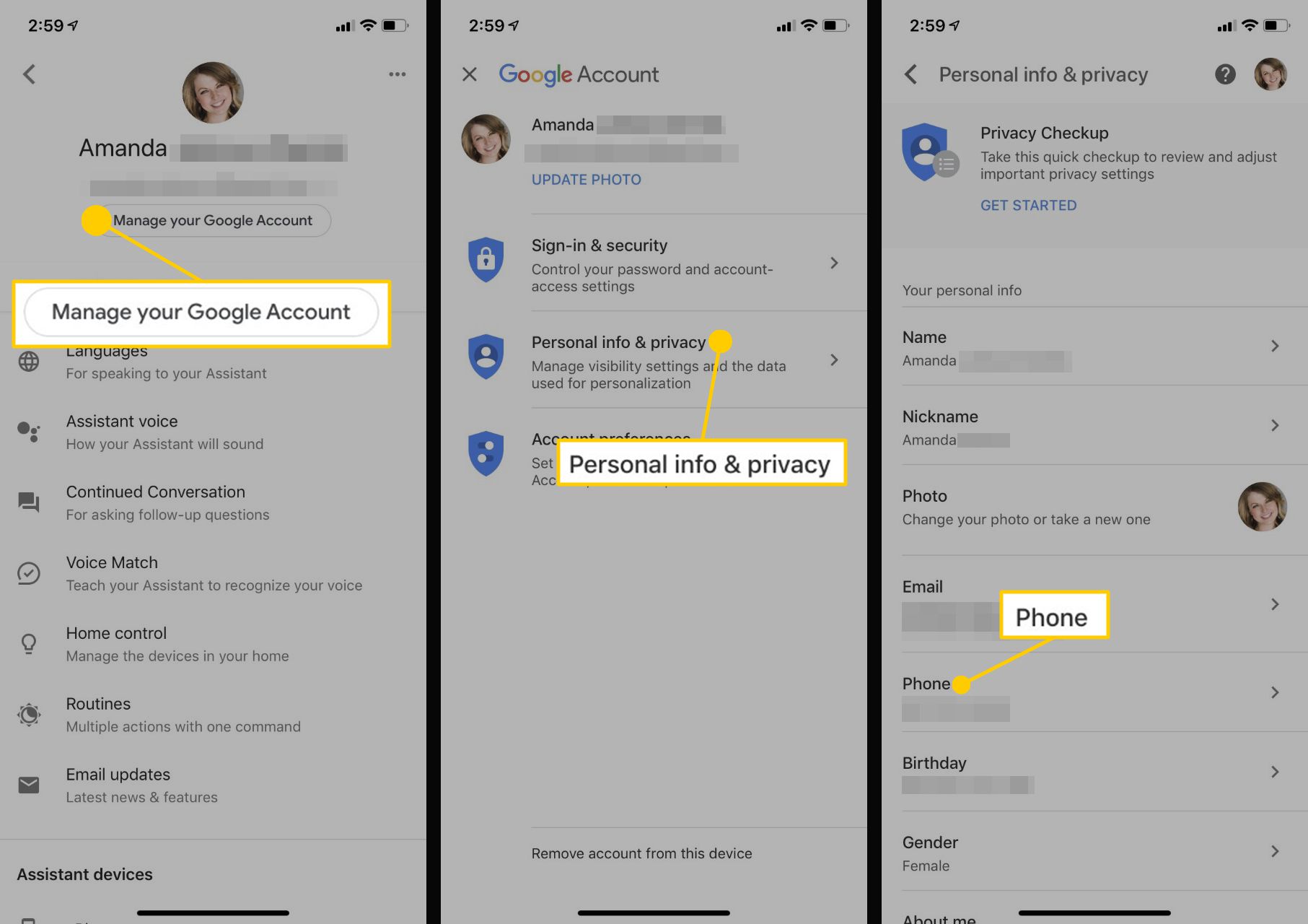 Screenshoty ukazující, jak zviditelnit vaše telefonní číslo na Google Home na iPhone
