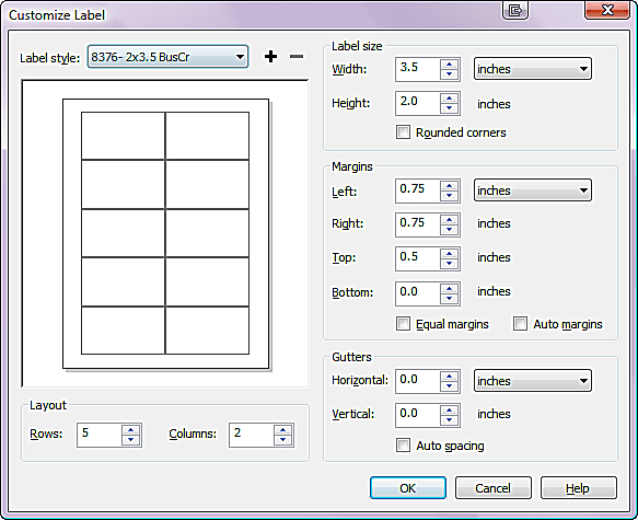 Dialogové okno CorelDRAW Custom Labels