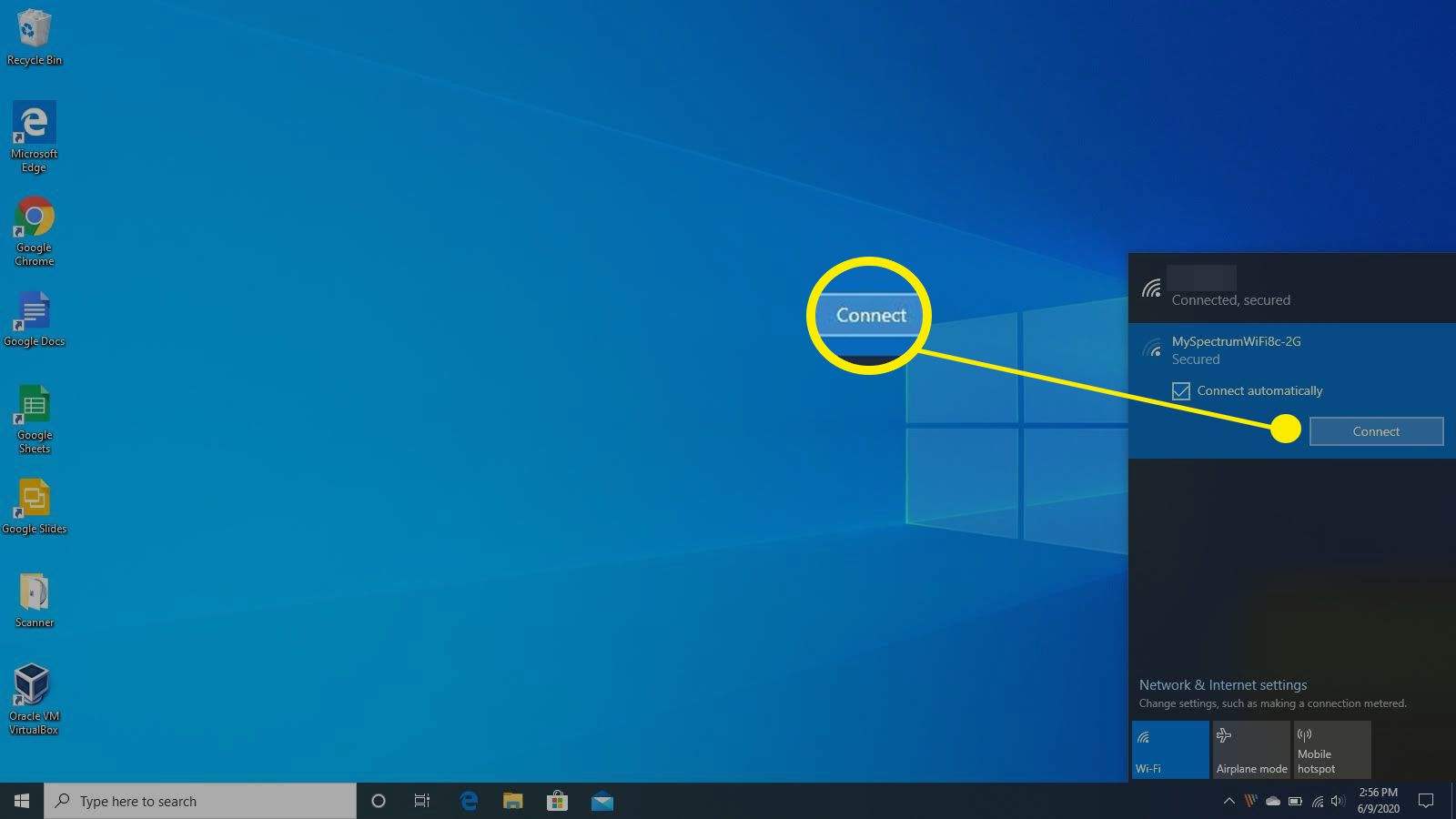 Screenshot připojení k bezdrátové síti v systému Windows