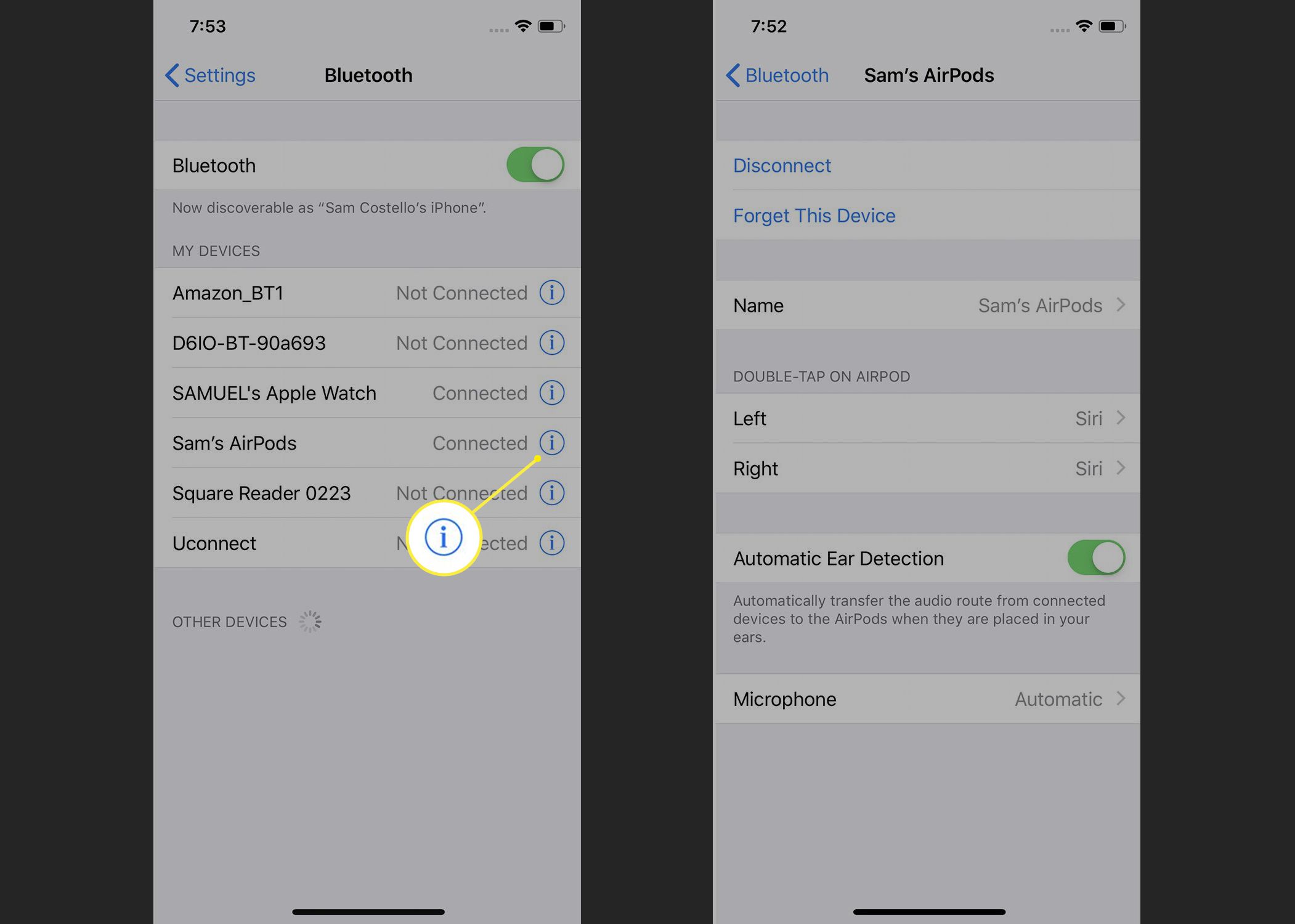 Hlavní obrazovka nastavení AirPods na iPhone
