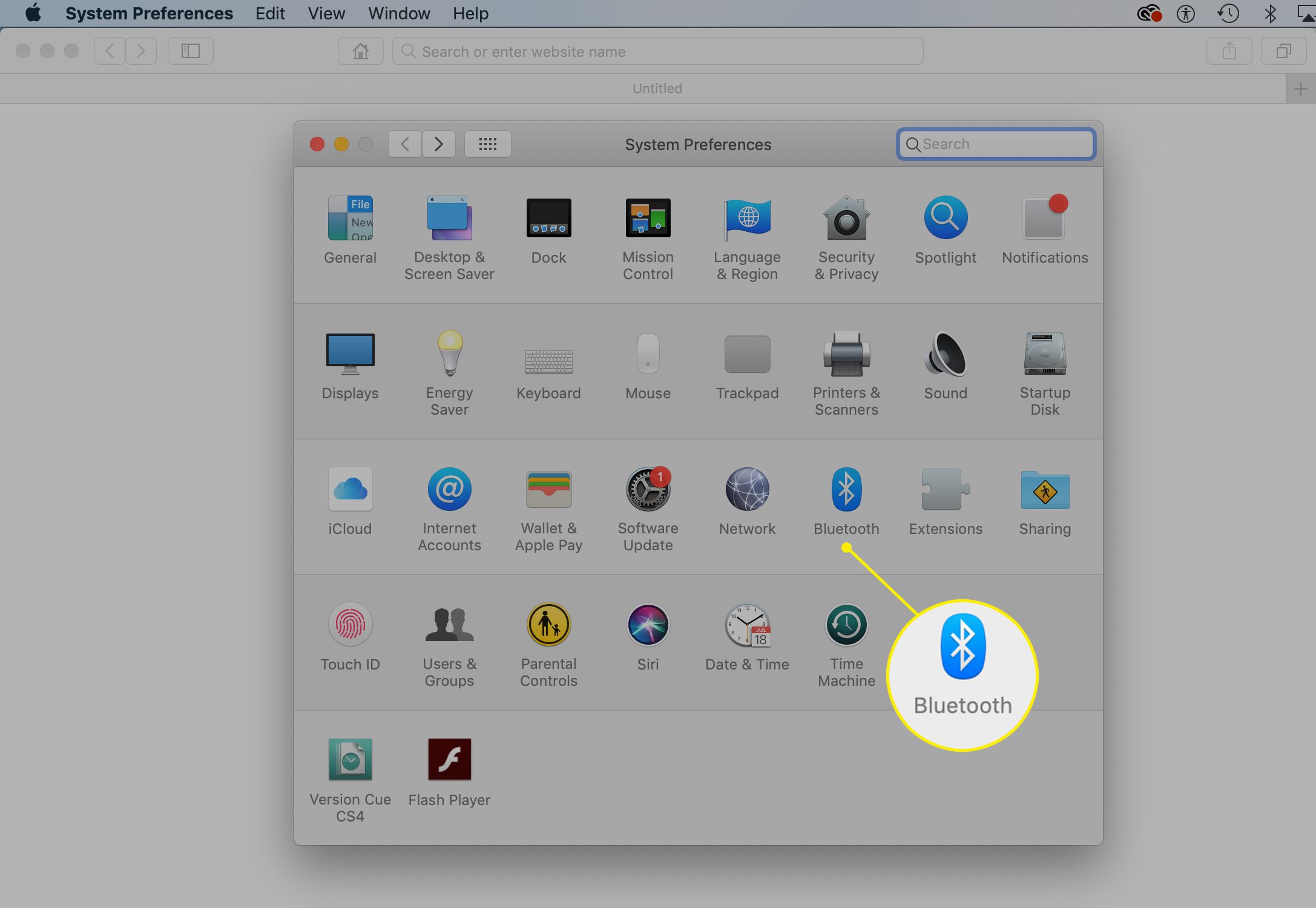 Předvolby systému Mac se zvýrazněnou ikonou Bluetooth