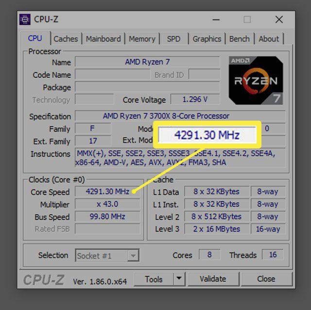 Rozhraní CPUZ ukazující rychlost vašeho CPU.