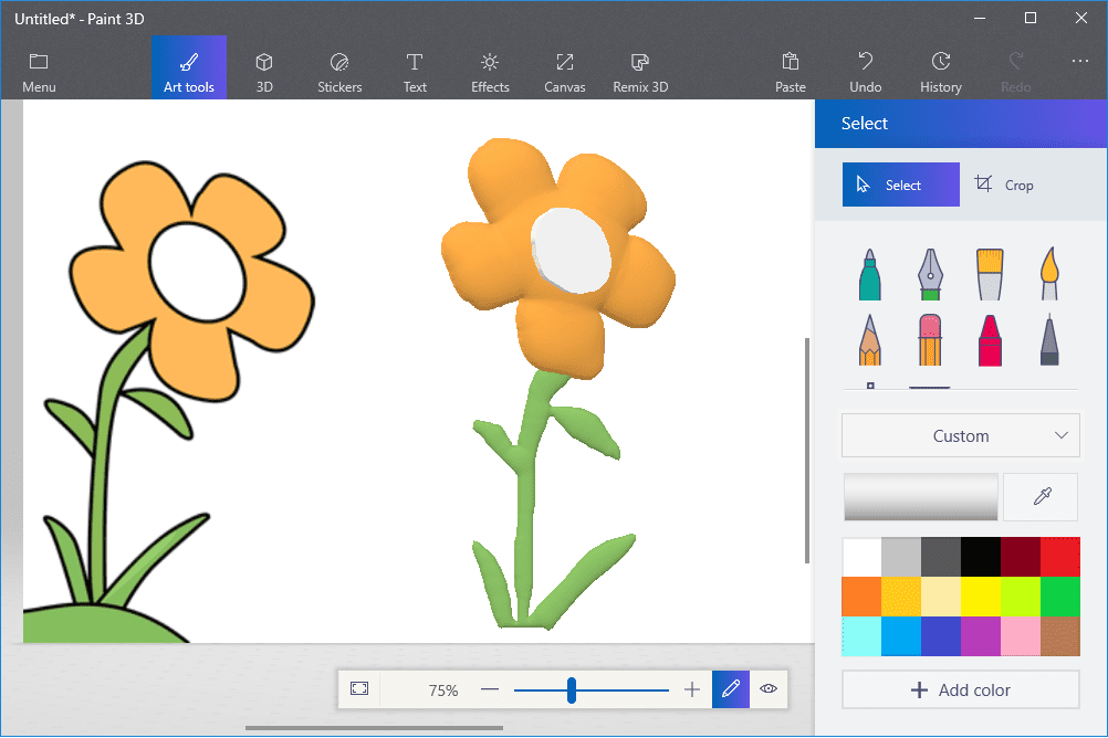 Screenshot aplikace Paint 3D převádějící 2D obraz na 3D model