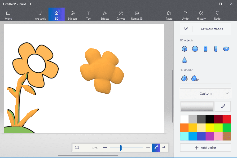 Screenshot, který ukazuje, jak aplikace Paint 3D dokáže vzorkovat 2D obrázky a vytvářet 3D modely pomocí nástrojů 3D doodle