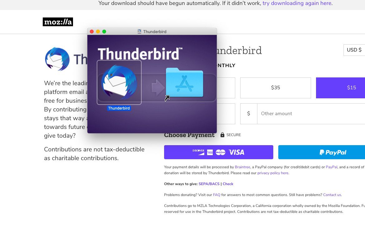 Přetáhněte Thunderbird do složky Aplikace.