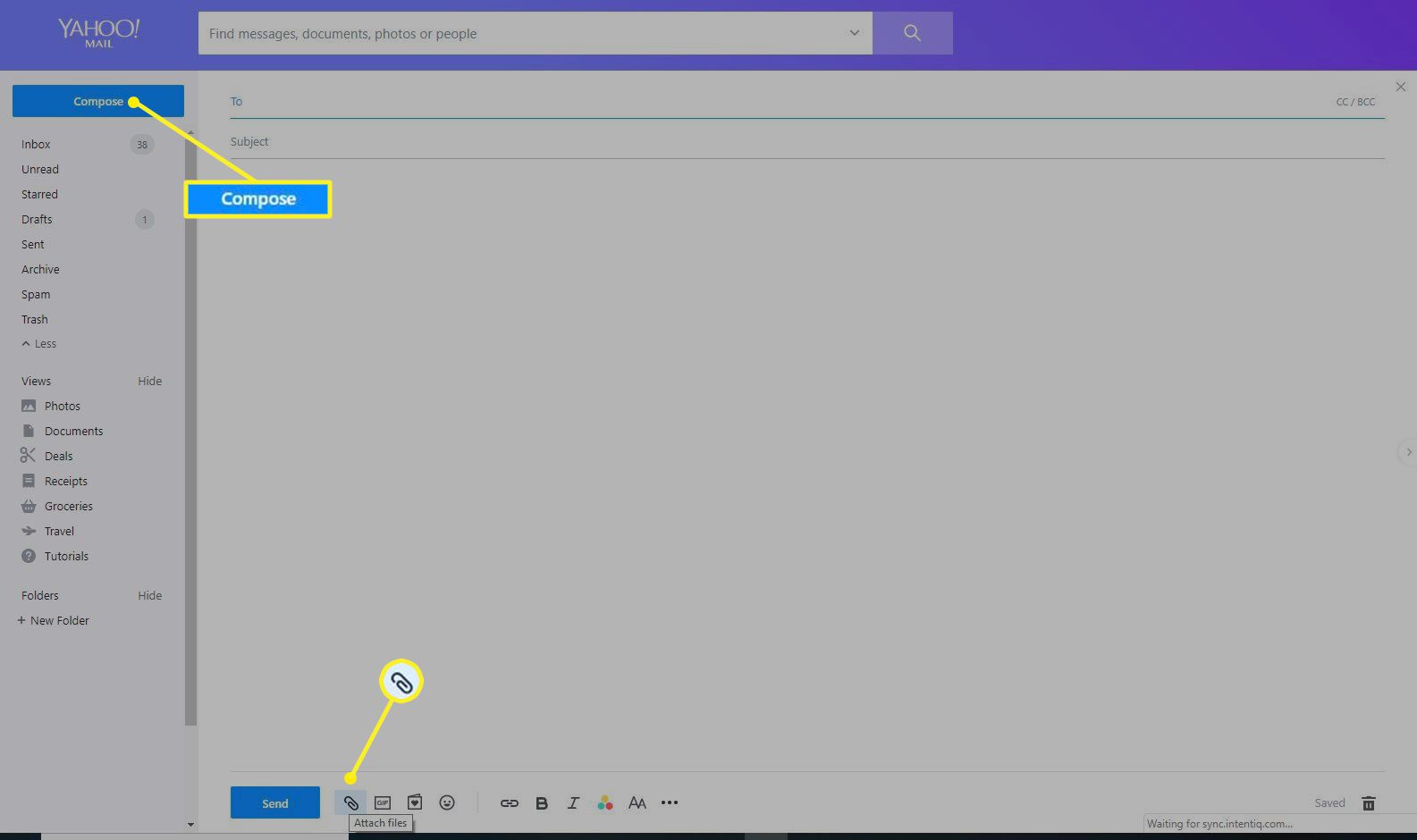 Ikona Připojit soubory v okně nové zprávy Yahoo Mail