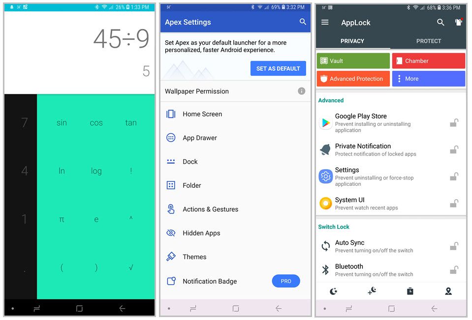 Série snímků aplikací Calculator Vault, Apex Launcher a AppLock.