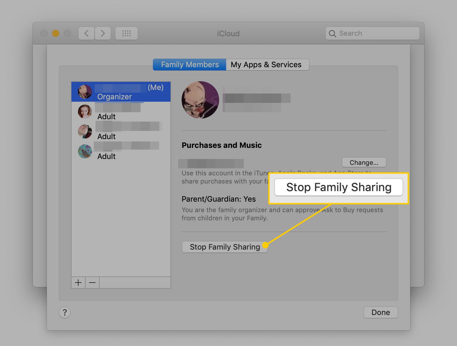 Zastavte rodinné sdílení v předvolbách systému iCloud