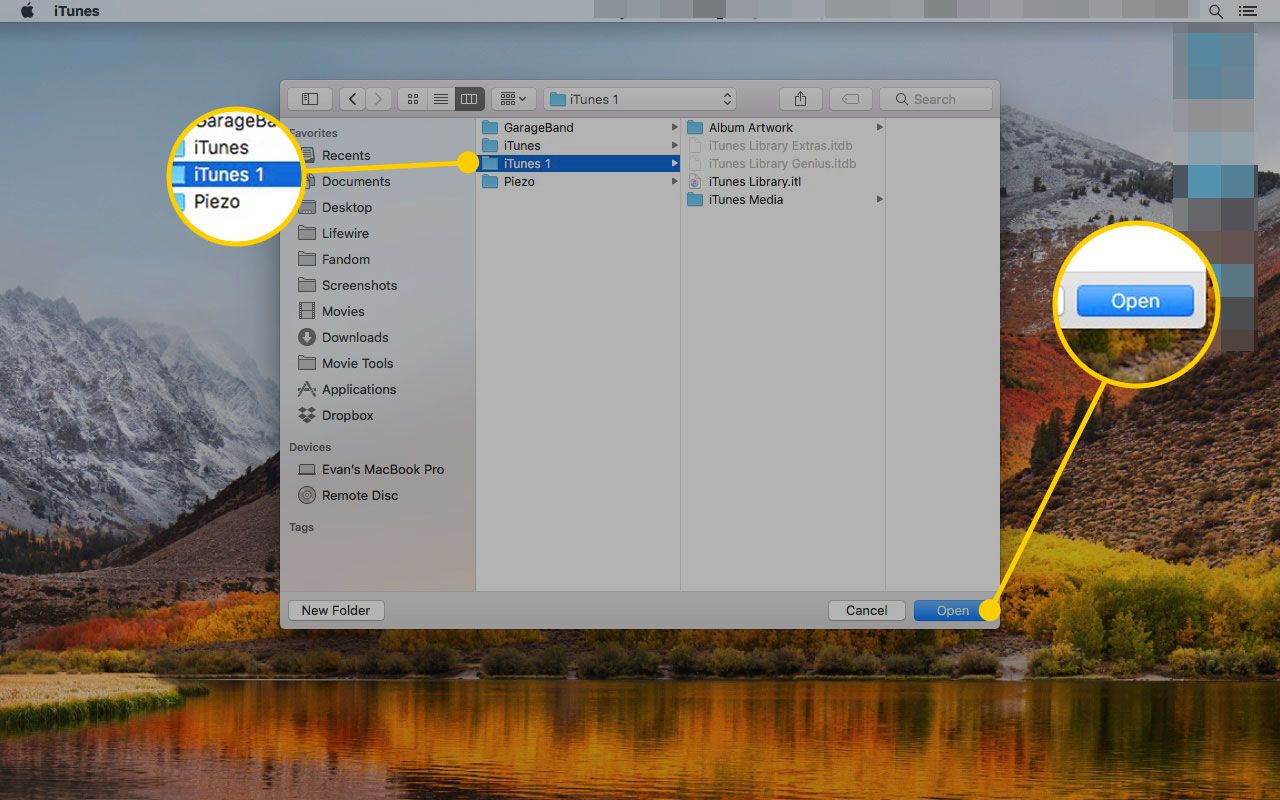 Okno iTunes na počítači Mac se složkou knihovny iTunes a zvýrazněným tlačítkem Otevřít