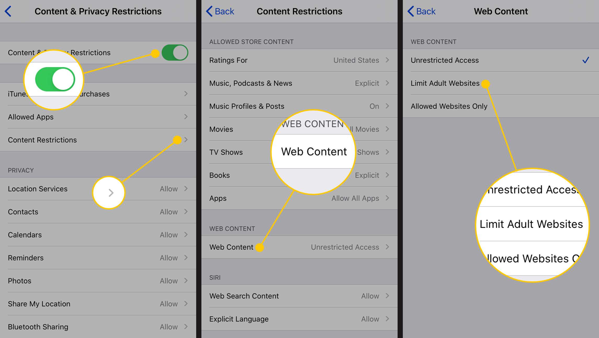Možnosti omezení obsahu, webového obsahu a omezení webů pro dospělé v nastavení iOS