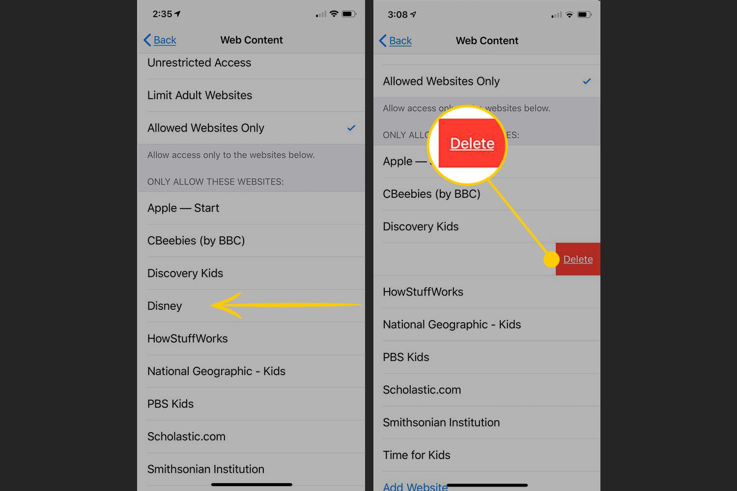 Přejetím doleva a klepnutím na Odstranit odeberete přístup na web v systému iOS