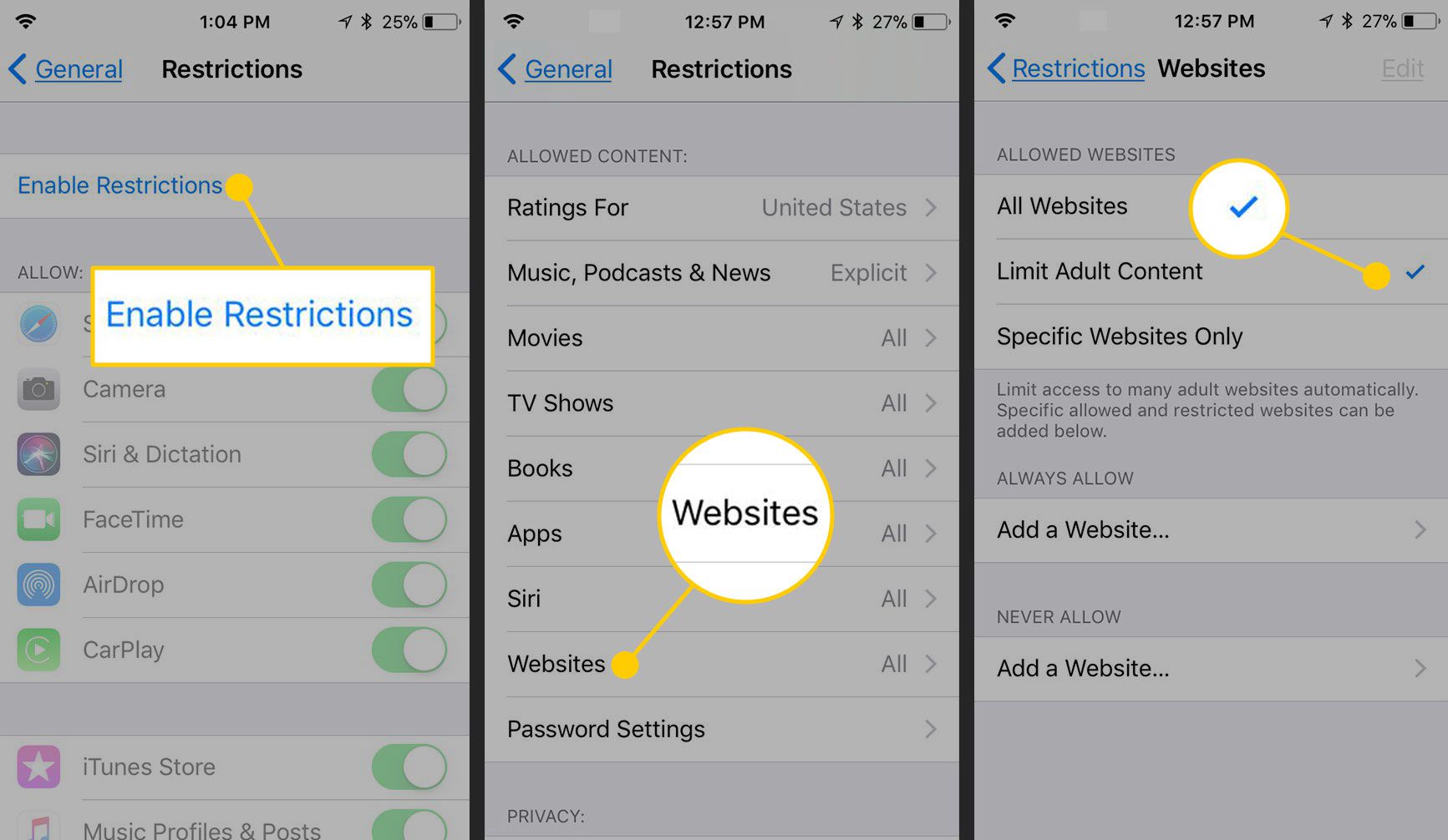 Povolte omezení pro webové stránky v systému iOS