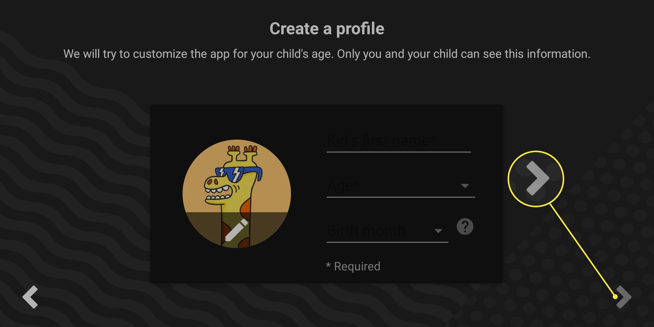 Obrazovka vytvoření dětského profilu YouTube Kids.