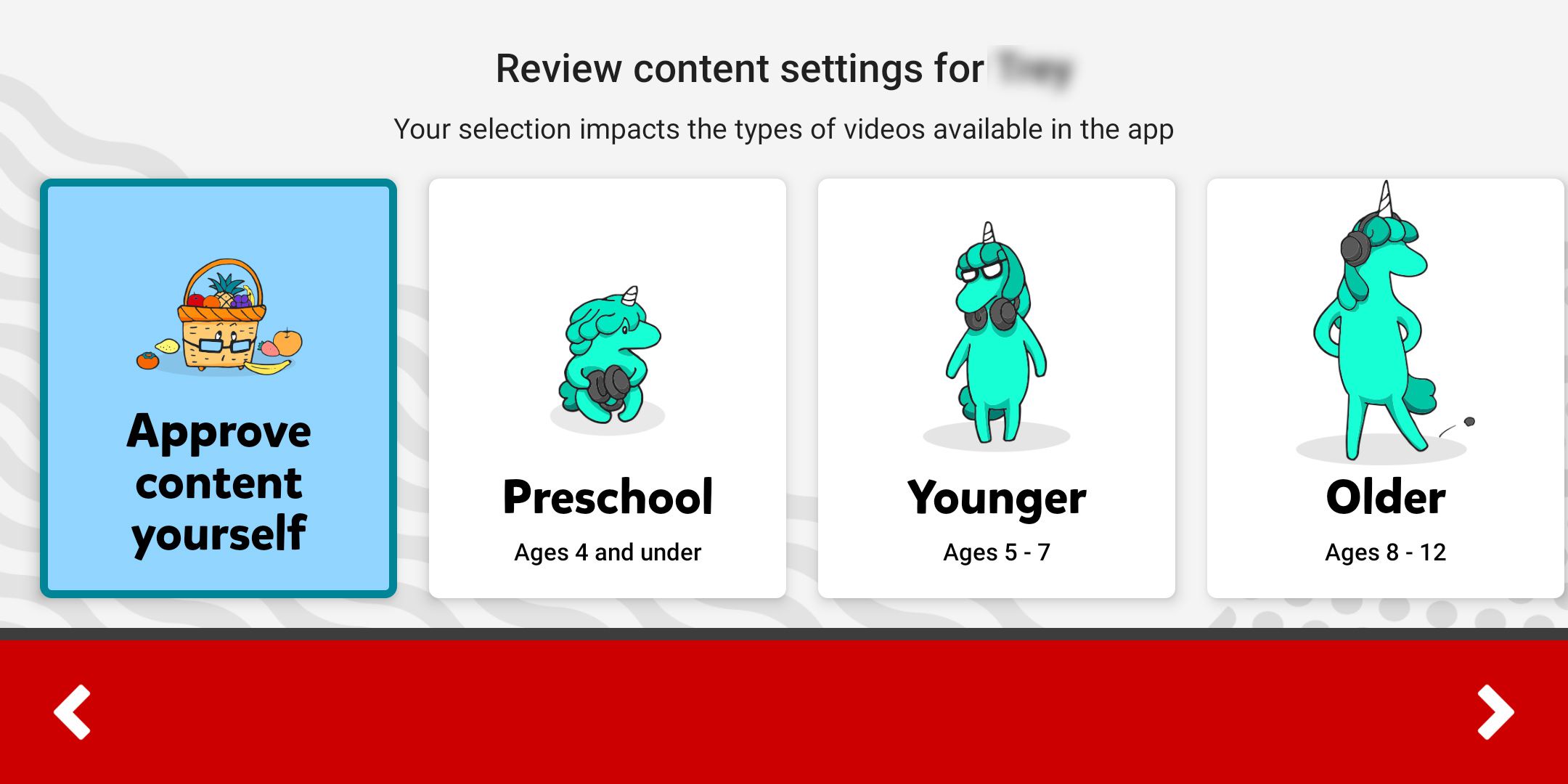 Snímek obrazovky s nastavením obsahu YouTube Kids.